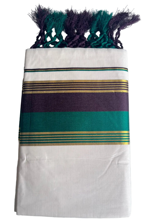 Kerala Cotton Kasavu Saree With Green And Dark Purple Borders SL499