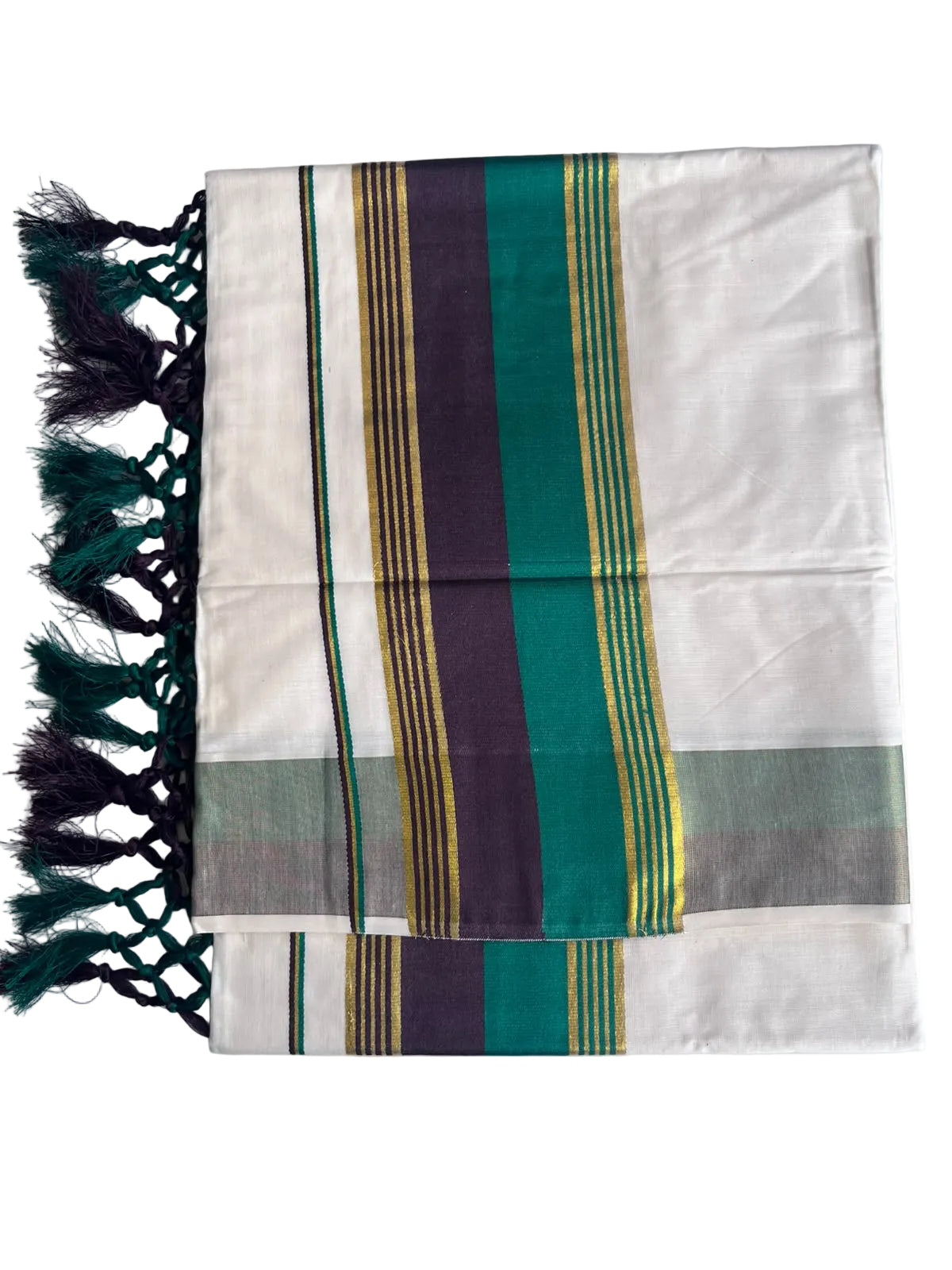 Kerala Cotton Kasavu Saree With Green And Dark Purple Borders SL499