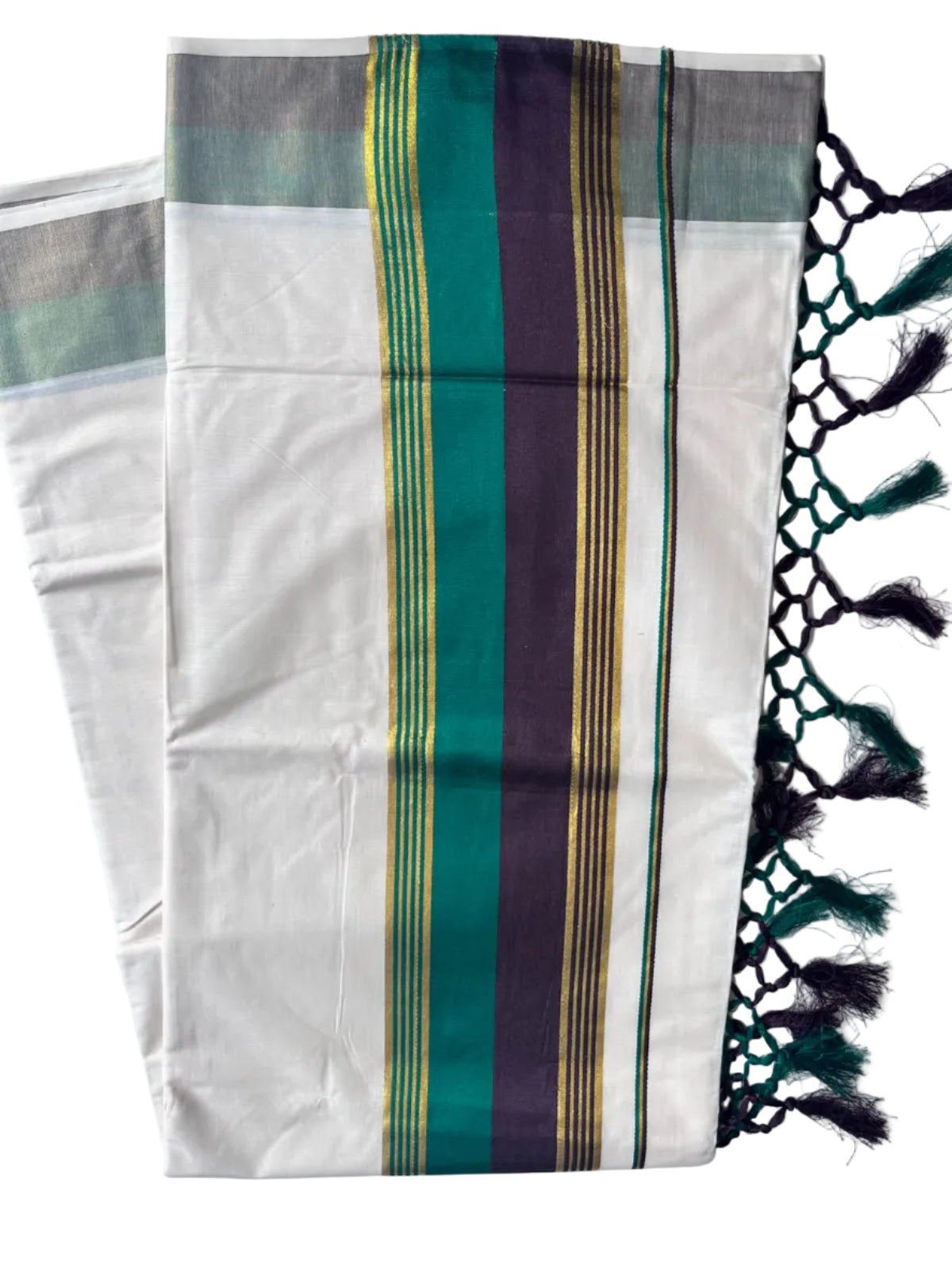 Kerala Cotton Kasavu Saree With Green And Dark Purple Borders SL499