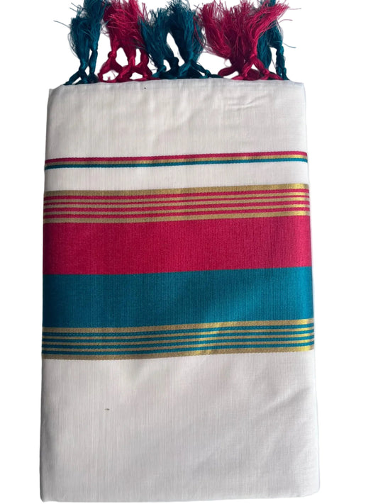 Kerala Cotton Kasavu Saree With Green And Red Borders SL499