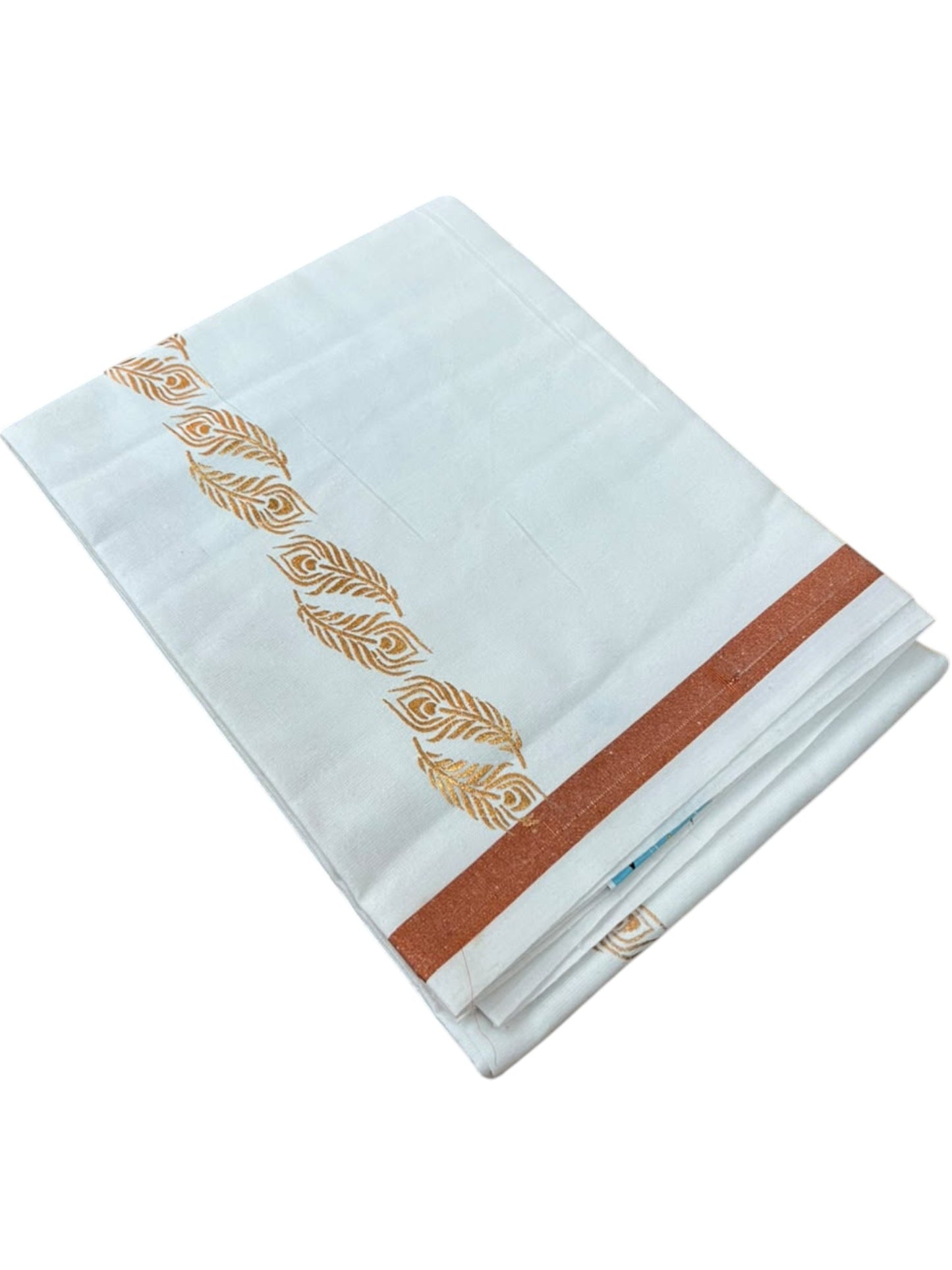 Southloom Pure White Copper Kasavu Printed Single Mundu / Lungi (South Indian Kerala Dhoti) SL610