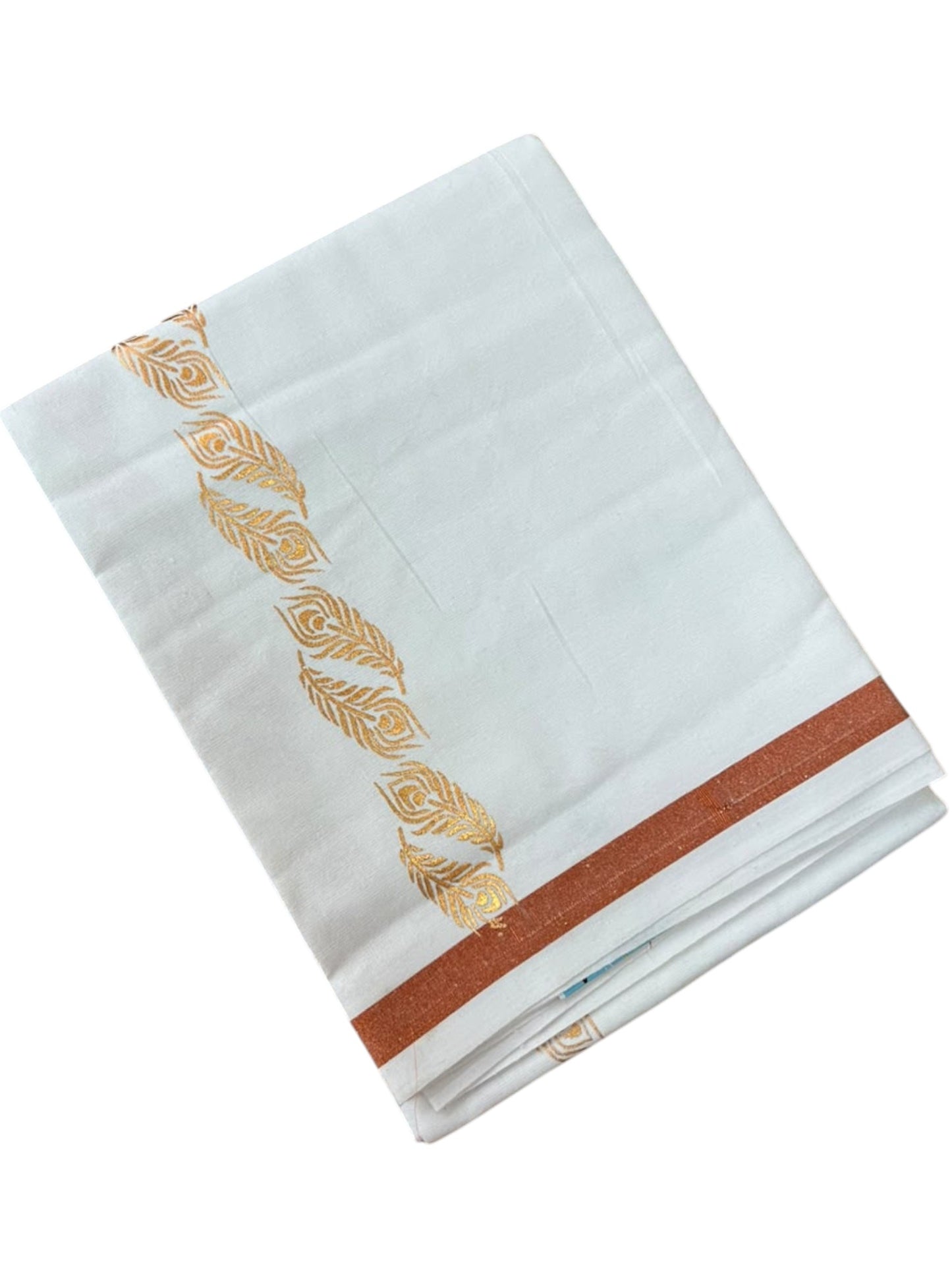 Southloom Pure White Copper Kasavu Printed Single Mundu / Lungi (South Indian Kerala Dhoti) SL610