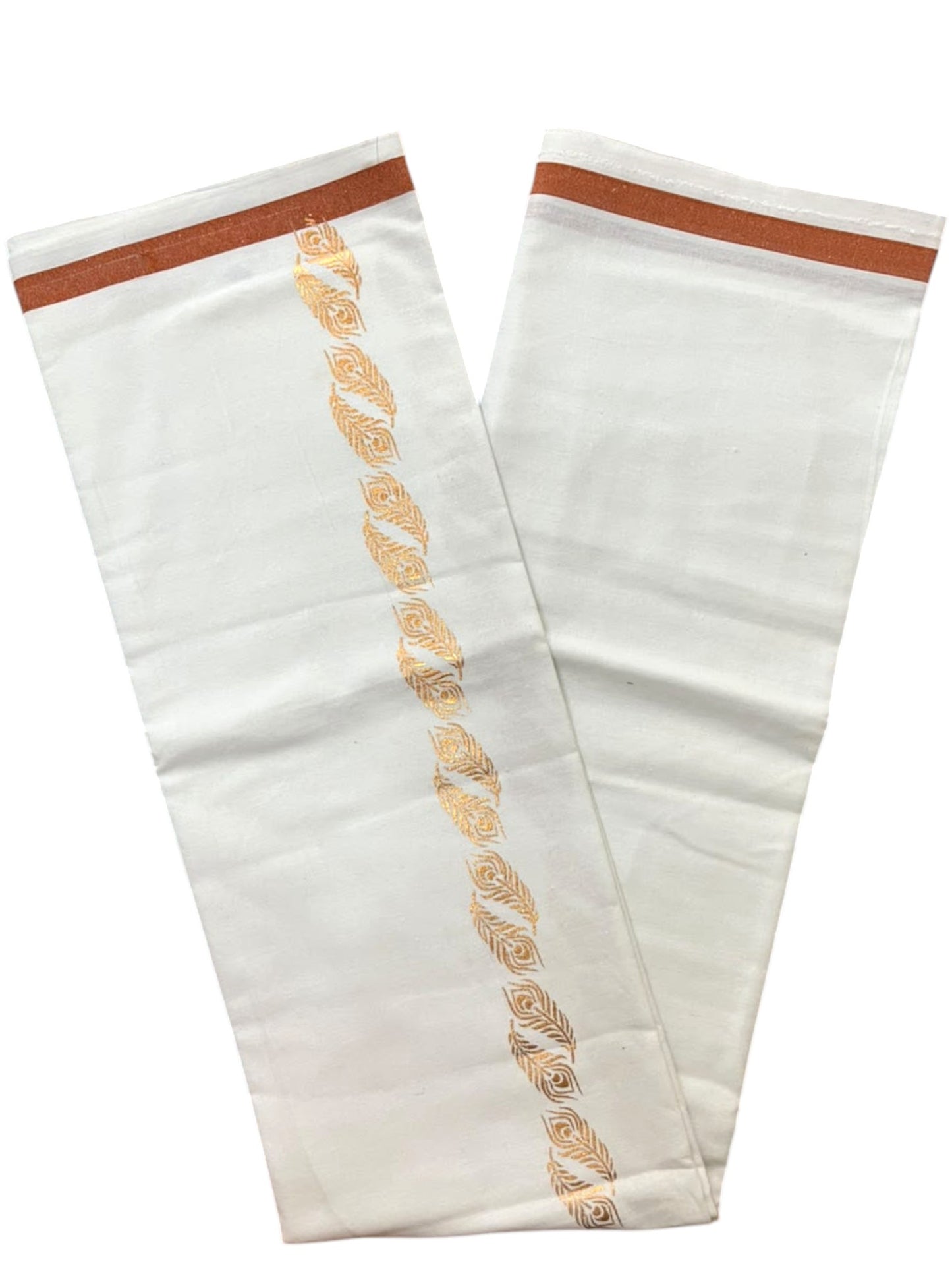 Southloom Pure White Copper Kasavu Printed Single Mundu / Lungi (South Indian Kerala Dhoti) SL610
