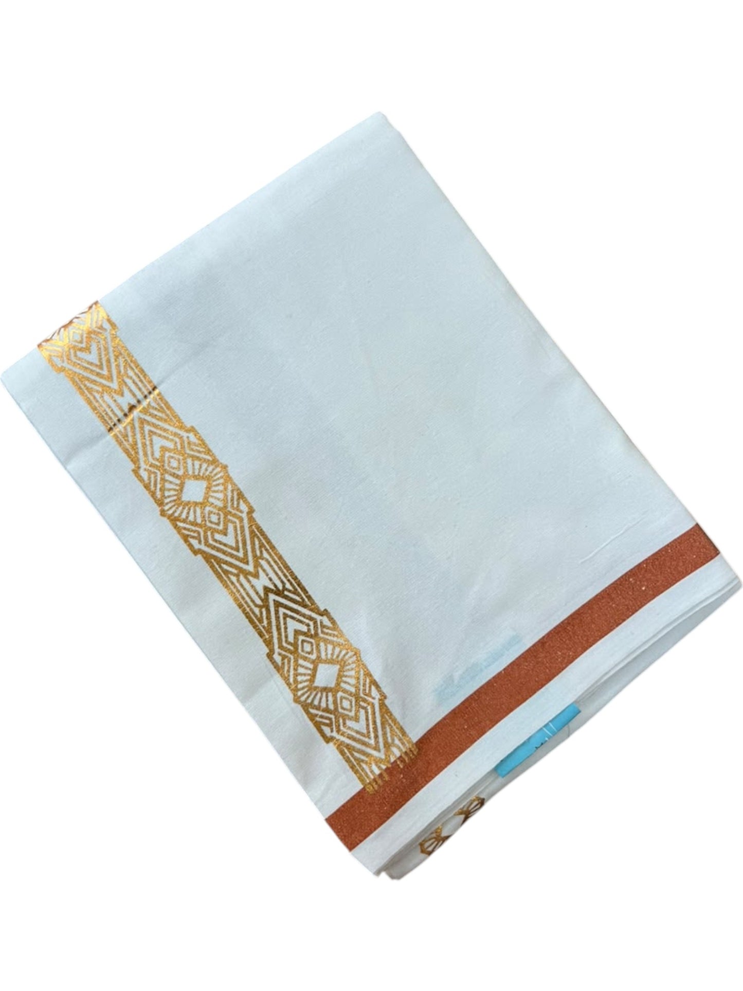 Southloom Pure White Copper Kasavu Printed Single Mundu / Lungi (South Indian Kerala Dhoti) SL610