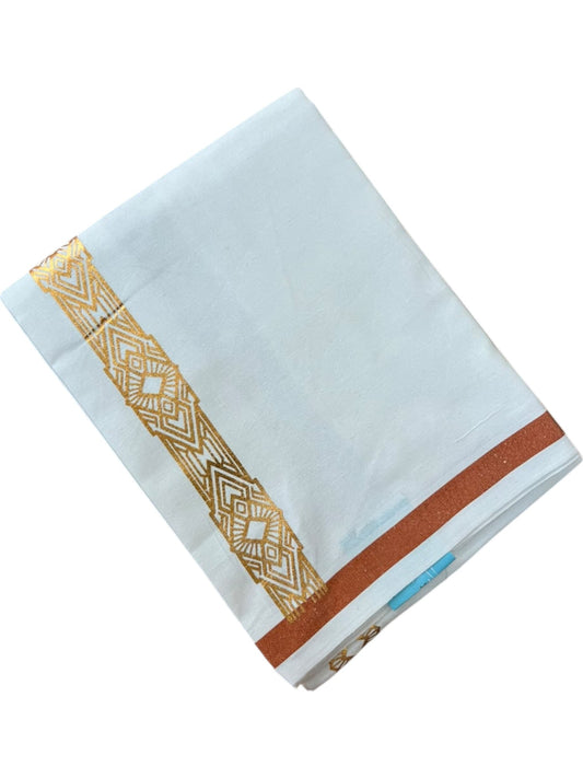 Southloom Pure White Copper Kasavu Printed Single Mundu / Lungi (South Indian Kerala Dhoti) SL610
