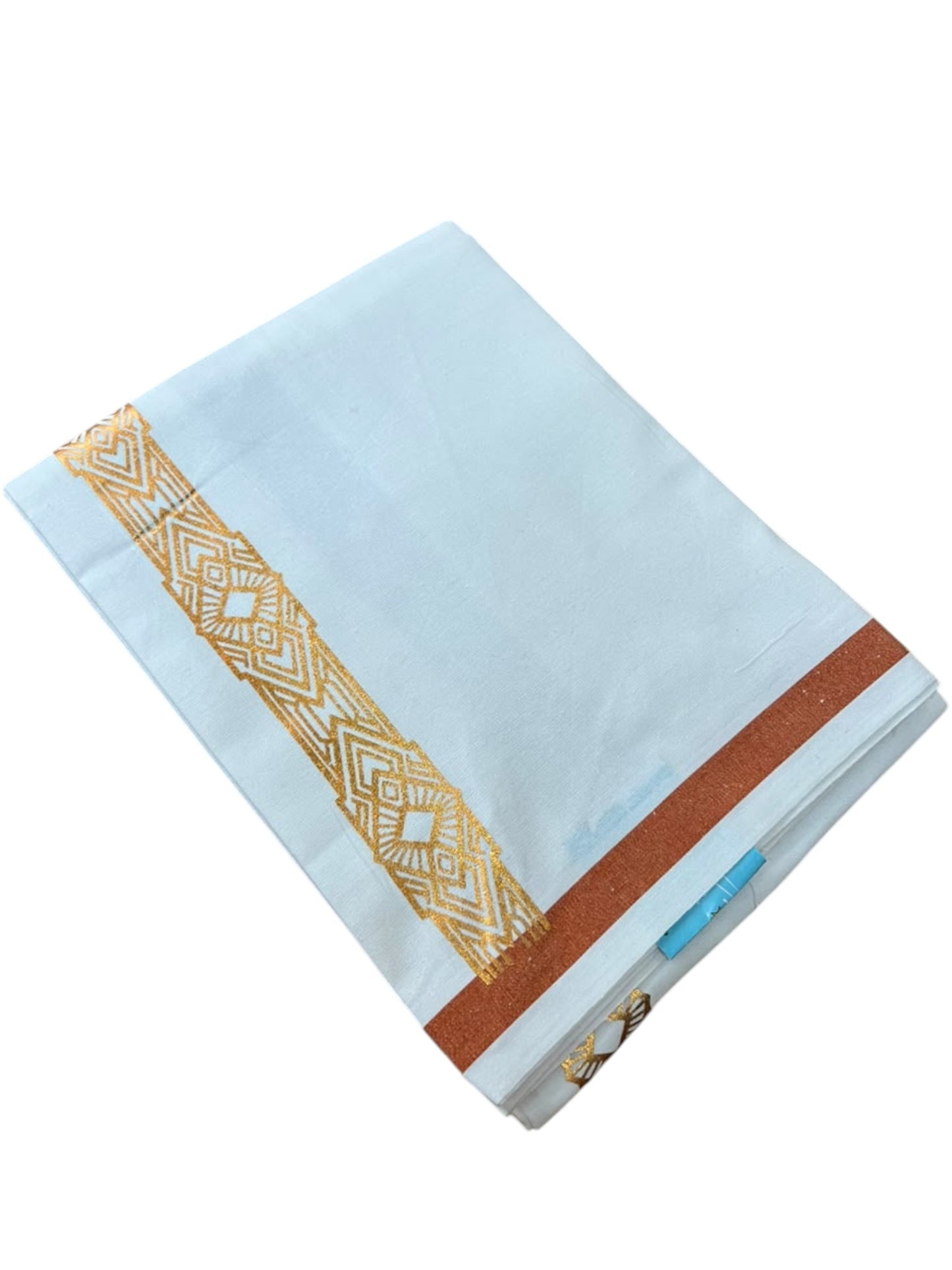 Southloom Pure White Copper Kasavu Printed Single Mundu / Lungi (South Indian Kerala Dhoti) SL610