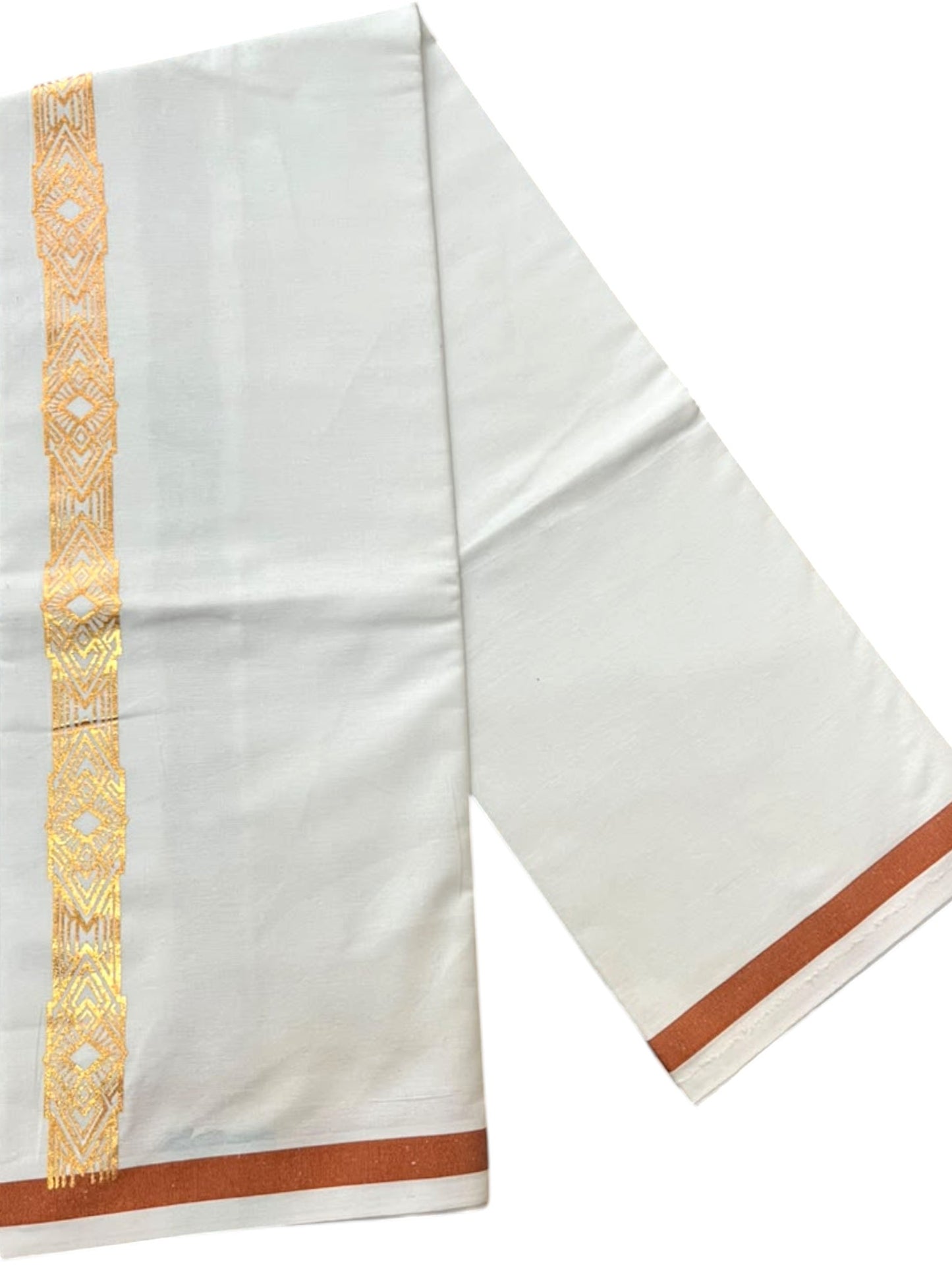 Southloom Pure White Copper Kasavu Printed Single Mundu / Lungi (South Indian Kerala Dhoti) SL610