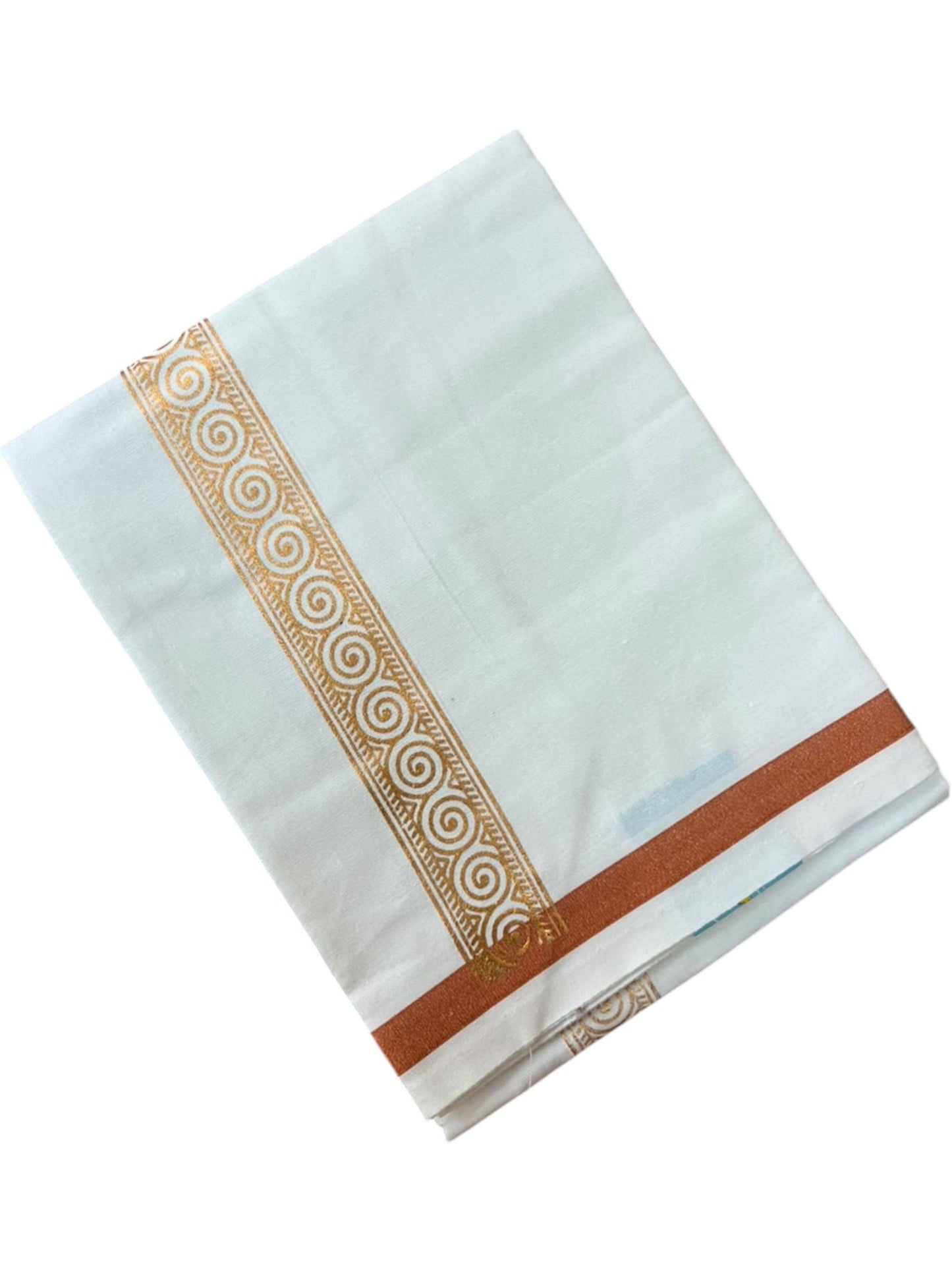 Southloom Pure White Copper Kasavu Printed Single Mundu / Lungi (South Indian Kerala Dhoti) SL610