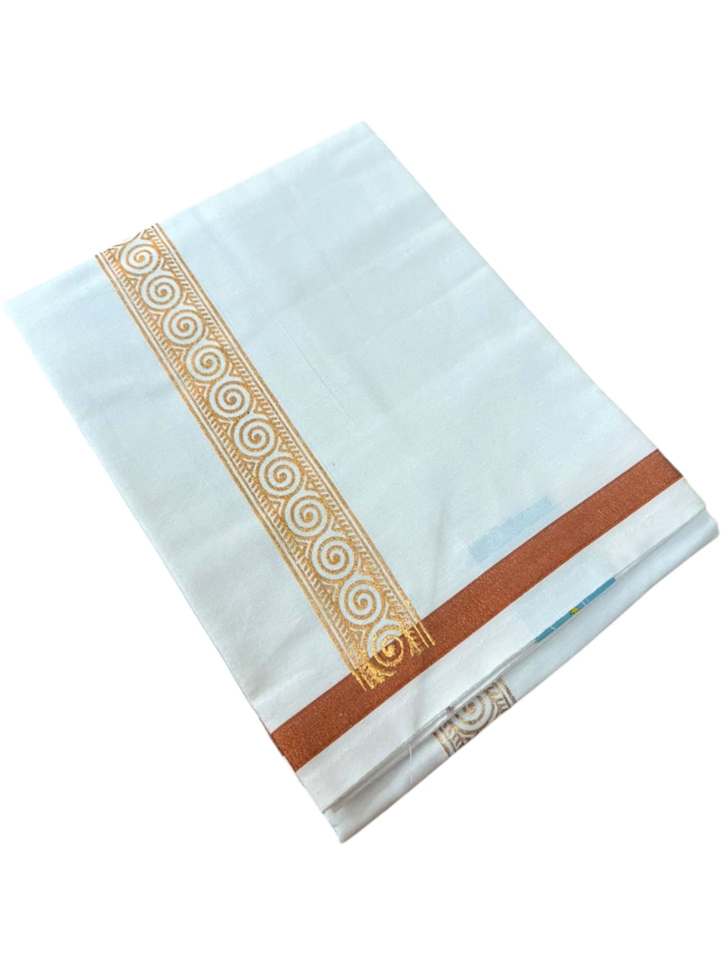 Southloom Pure White Copper Kasavu Printed Single Mundu / Lungi (South Indian Kerala Dhoti) SL610