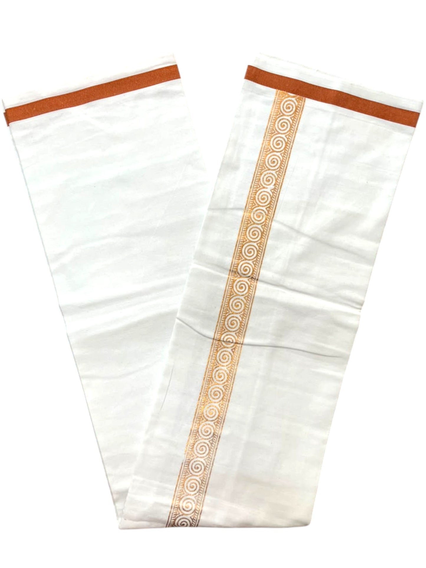Southloom Pure White Copper Kasavu Printed Single Mundu / Lungi (South Indian Kerala Dhoti) SL610