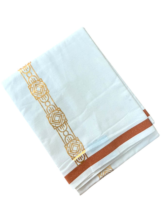 Southloom Pure White Copper Kasavu Printed Single Mundu / Lungi (South Indian Kerala Dhoti) SL610