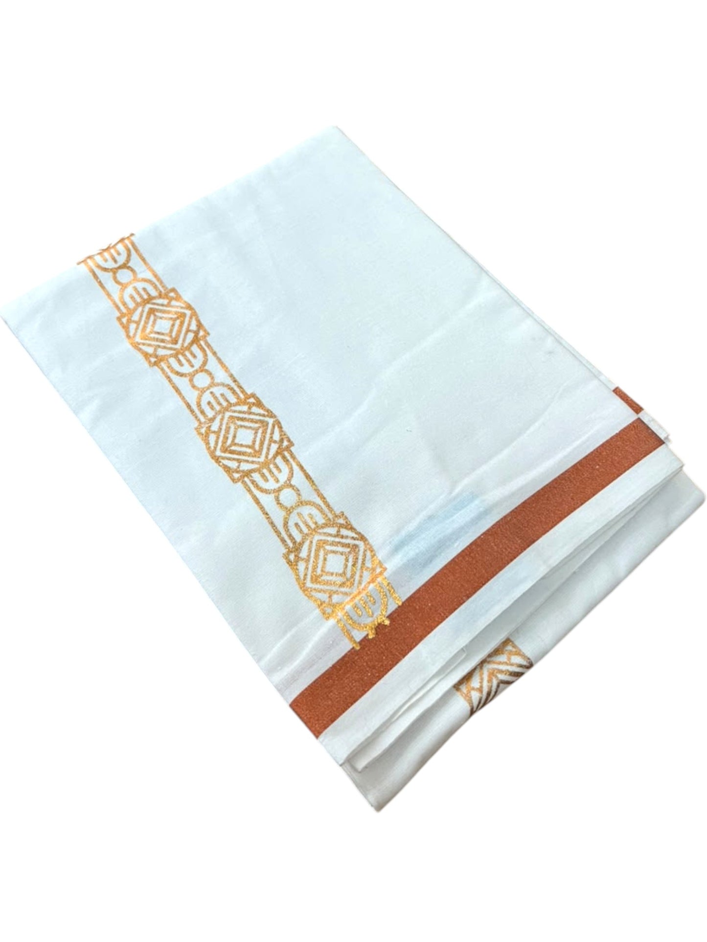 Southloom Pure White Copper Kasavu Printed Single Mundu / Lungi (South Indian Kerala Dhoti) SL610