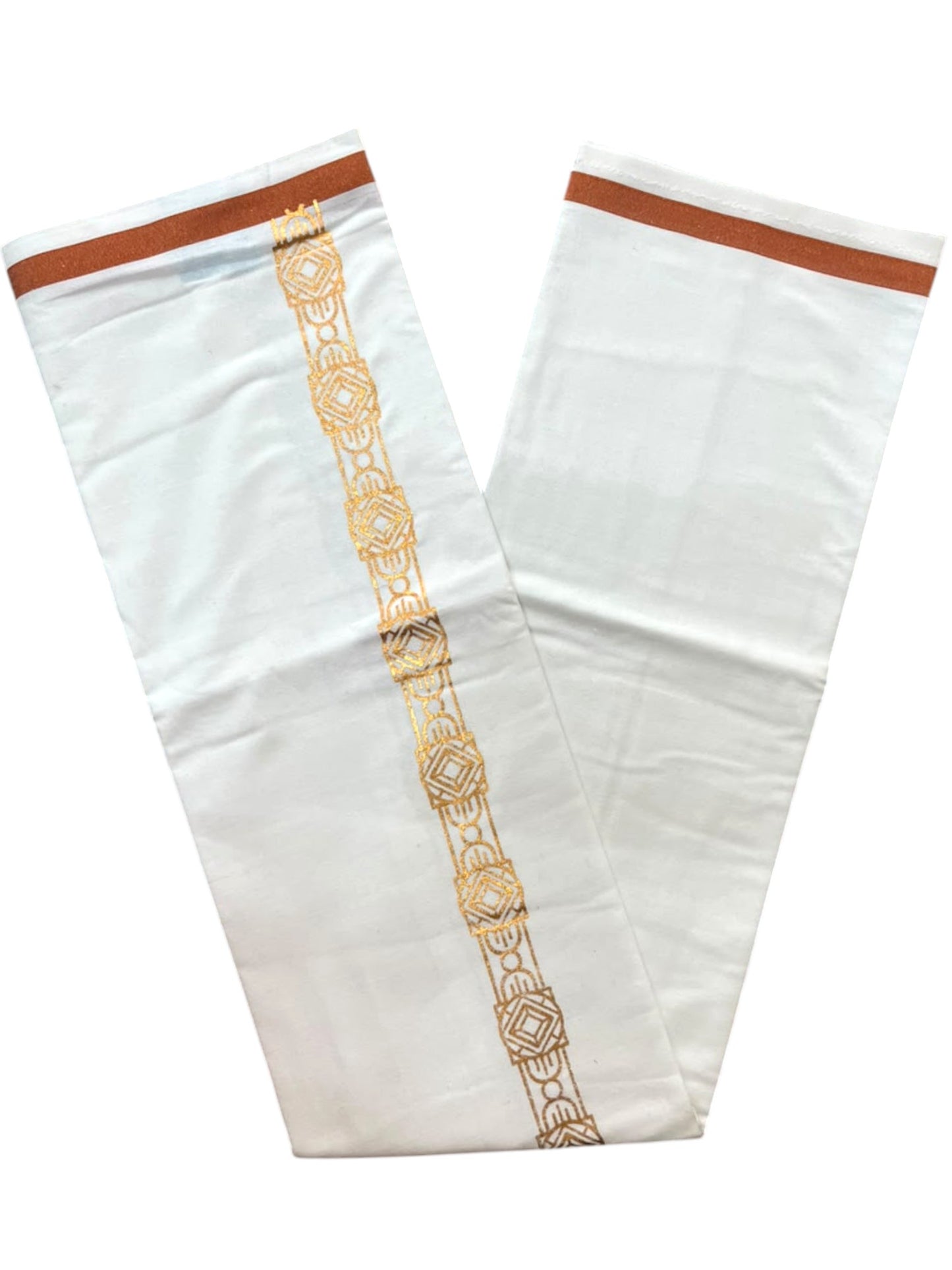 Southloom Pure White Copper Kasavu Printed Single Mundu / Lungi (South Indian Kerala Dhoti) SL610