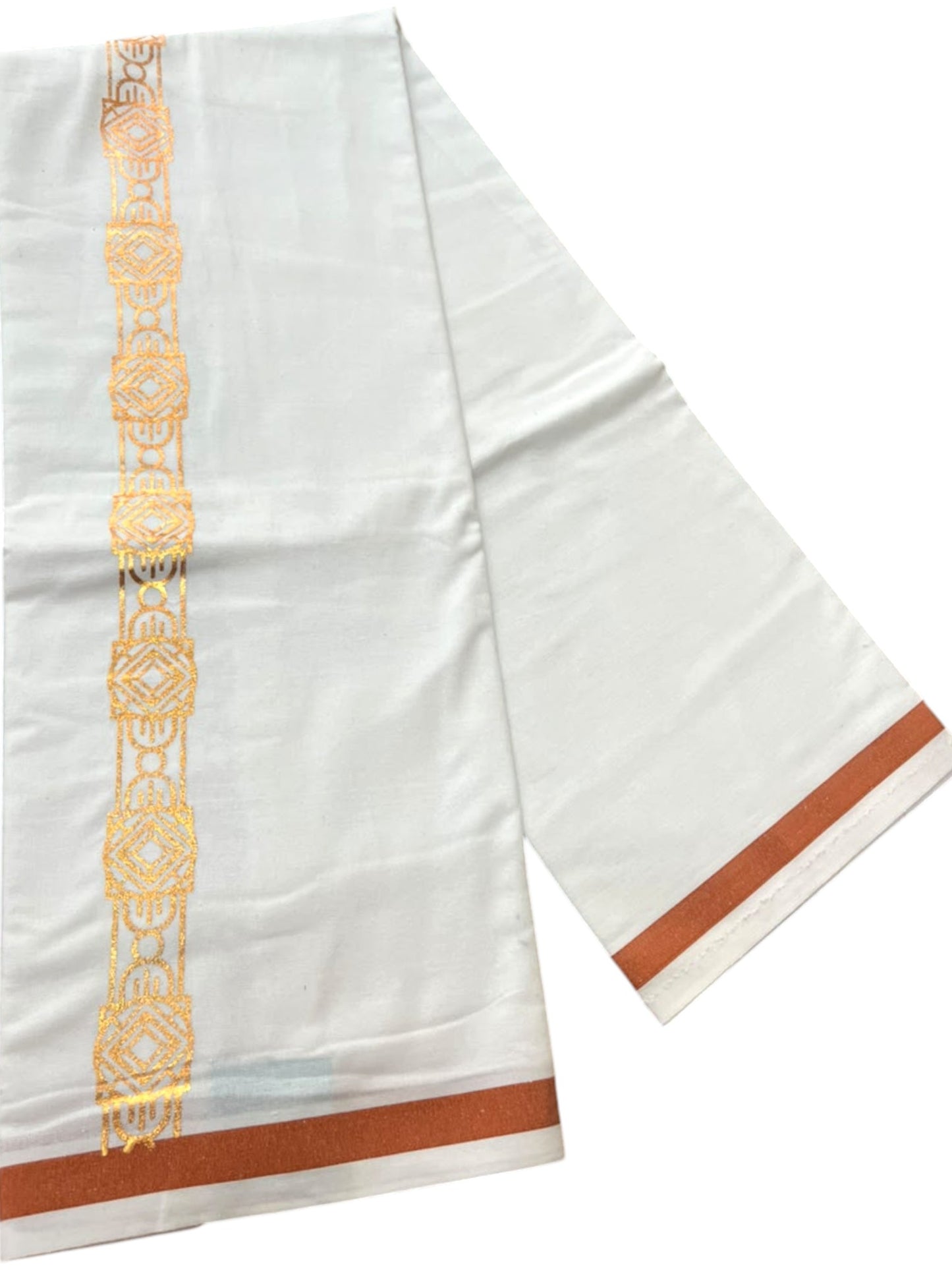 Southloom Pure White Copper Kasavu Printed Single Mundu / Lungi (South Indian Kerala Dhoti) SL610