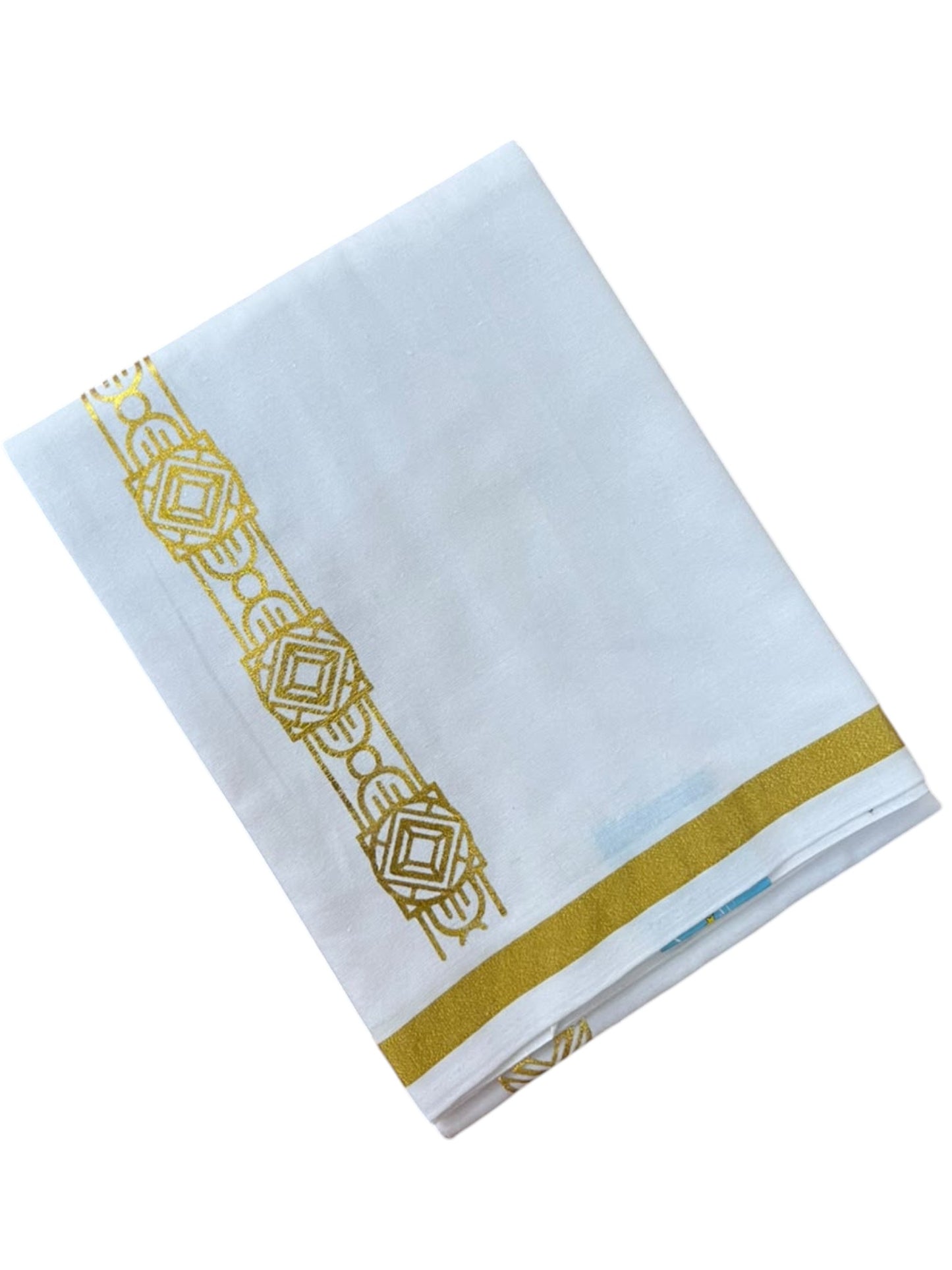 Southloom Pure White Gold Kasavu Printed Single Mundu / Lungi (South Indian Kerala Dhoti) SL610