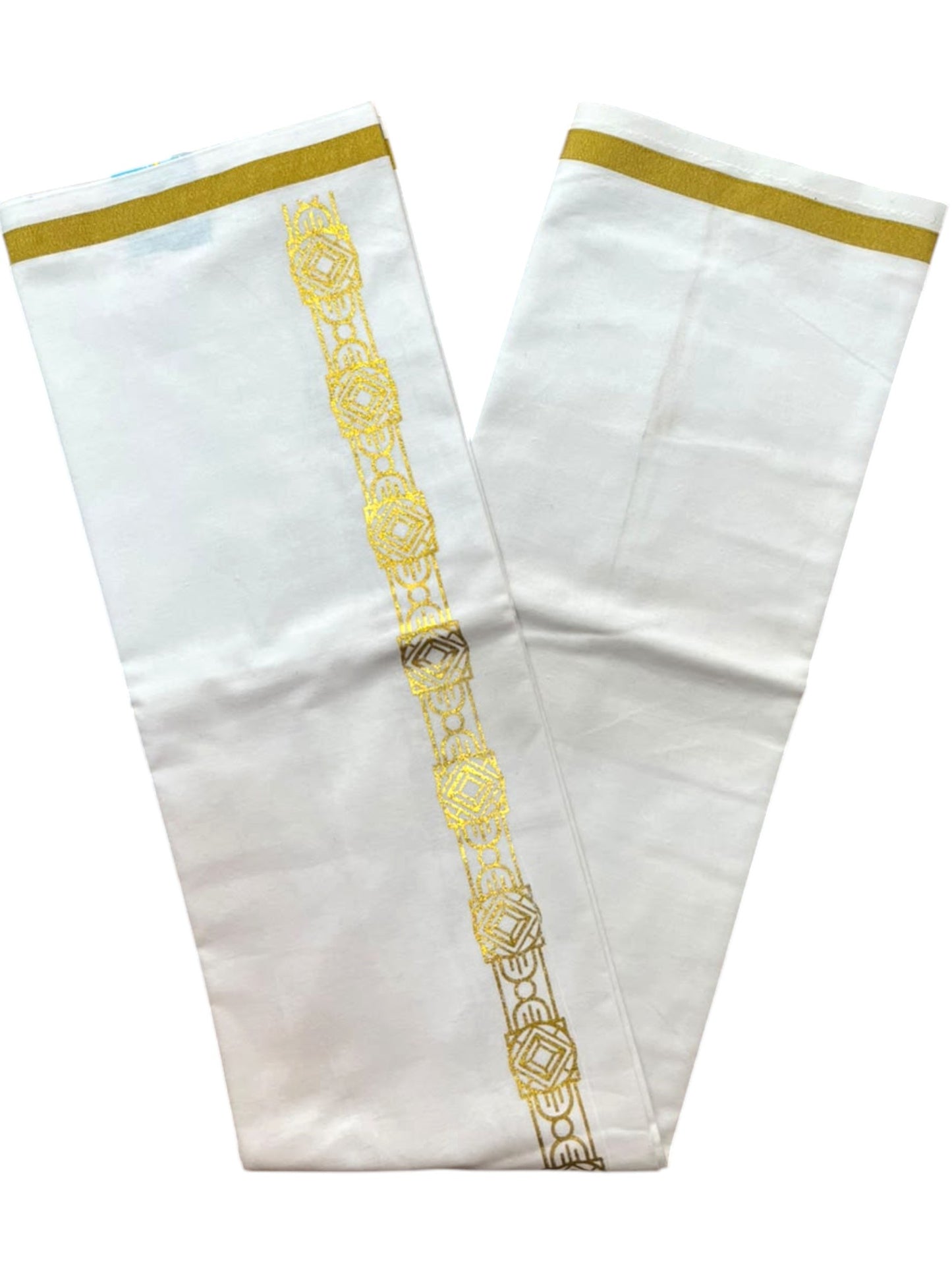 Southloom Pure White Gold Kasavu Printed Single Mundu / Lungi (South Indian Kerala Dhoti) SL610