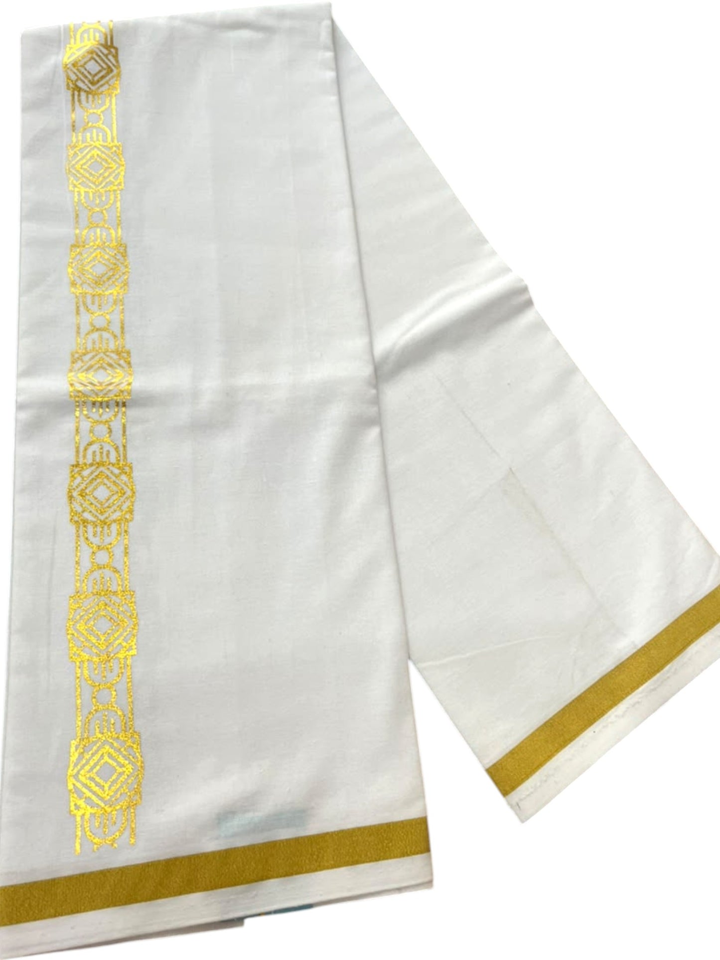Southloom Pure White Gold Kasavu Printed Single Mundu / Lungi (South Indian Kerala Dhoti) SL610