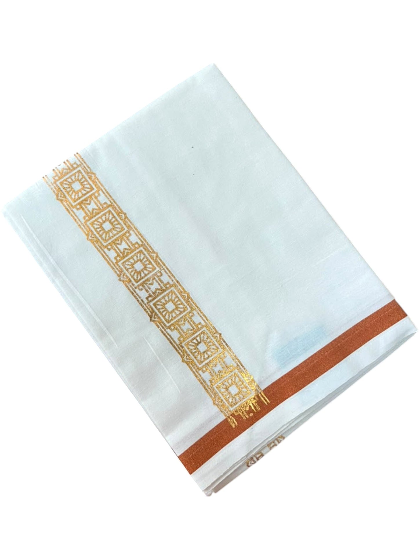 Southloom Pure White Copper Kasavu Printed Single Mundu / Lungi (South Indian Kerala Dhoti) SL610