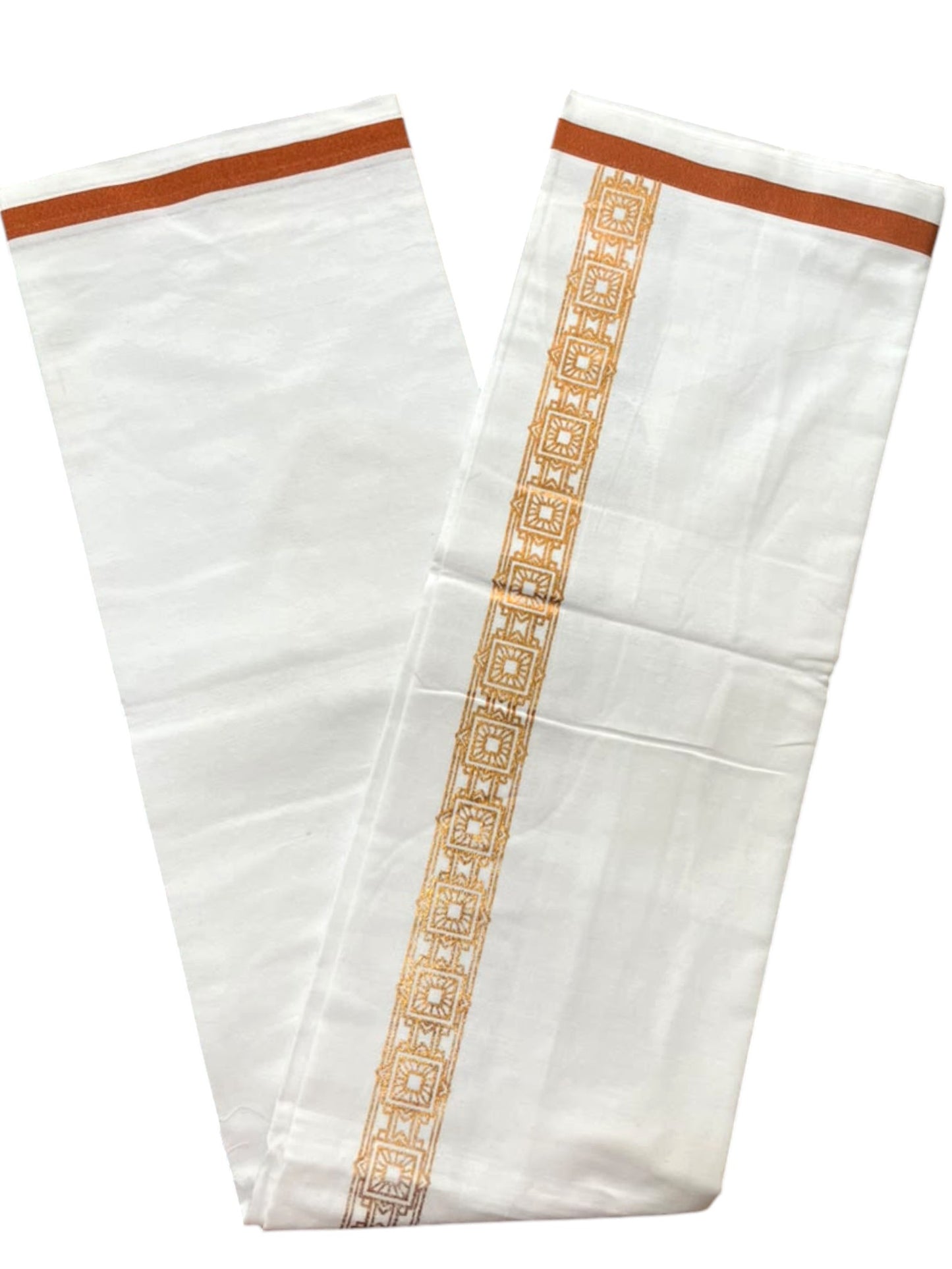 Southloom Pure White Copper Kasavu Printed Single Mundu / Lungi (South Indian Kerala Dhoti) SL610