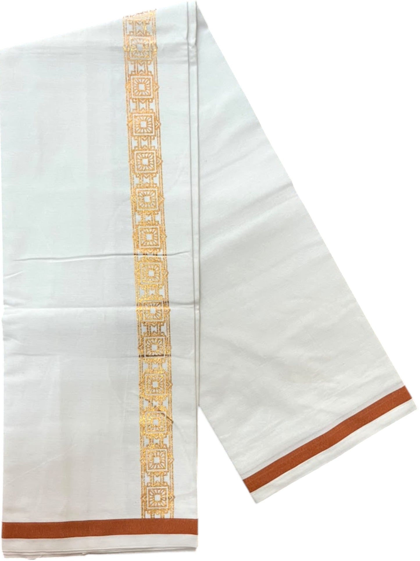 Southloom Pure White Copper Kasavu Printed Single Mundu / Lungi (South Indian Kerala Dhoti) SL610