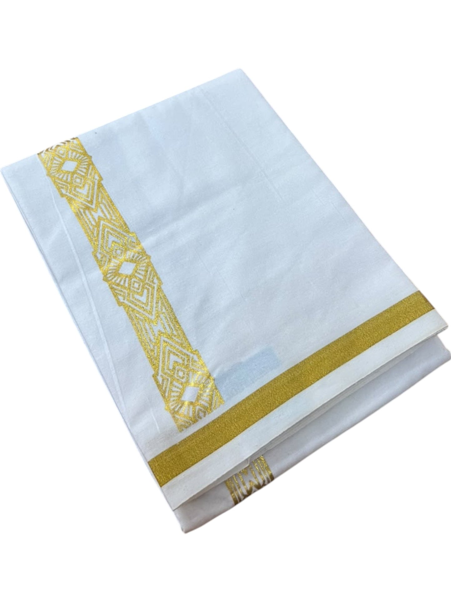 Southloom Pure White Gold Kasavu Printed Single Mundu / Lungi (South Indian Kerala Dhoti) SL610