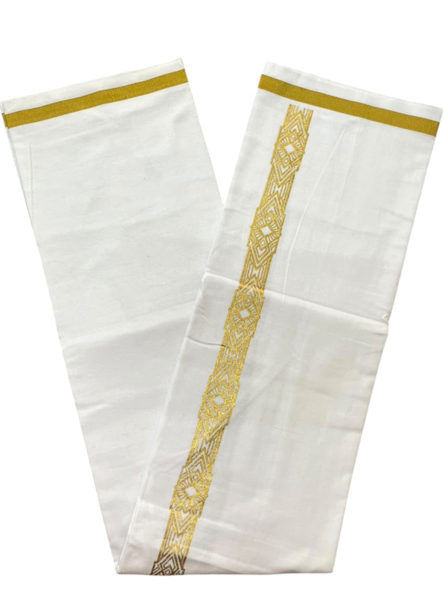 Southloom Pure White Gold Kasavu Printed Single Mundu / Lungi (South Indian Kerala Dhoti) SL610