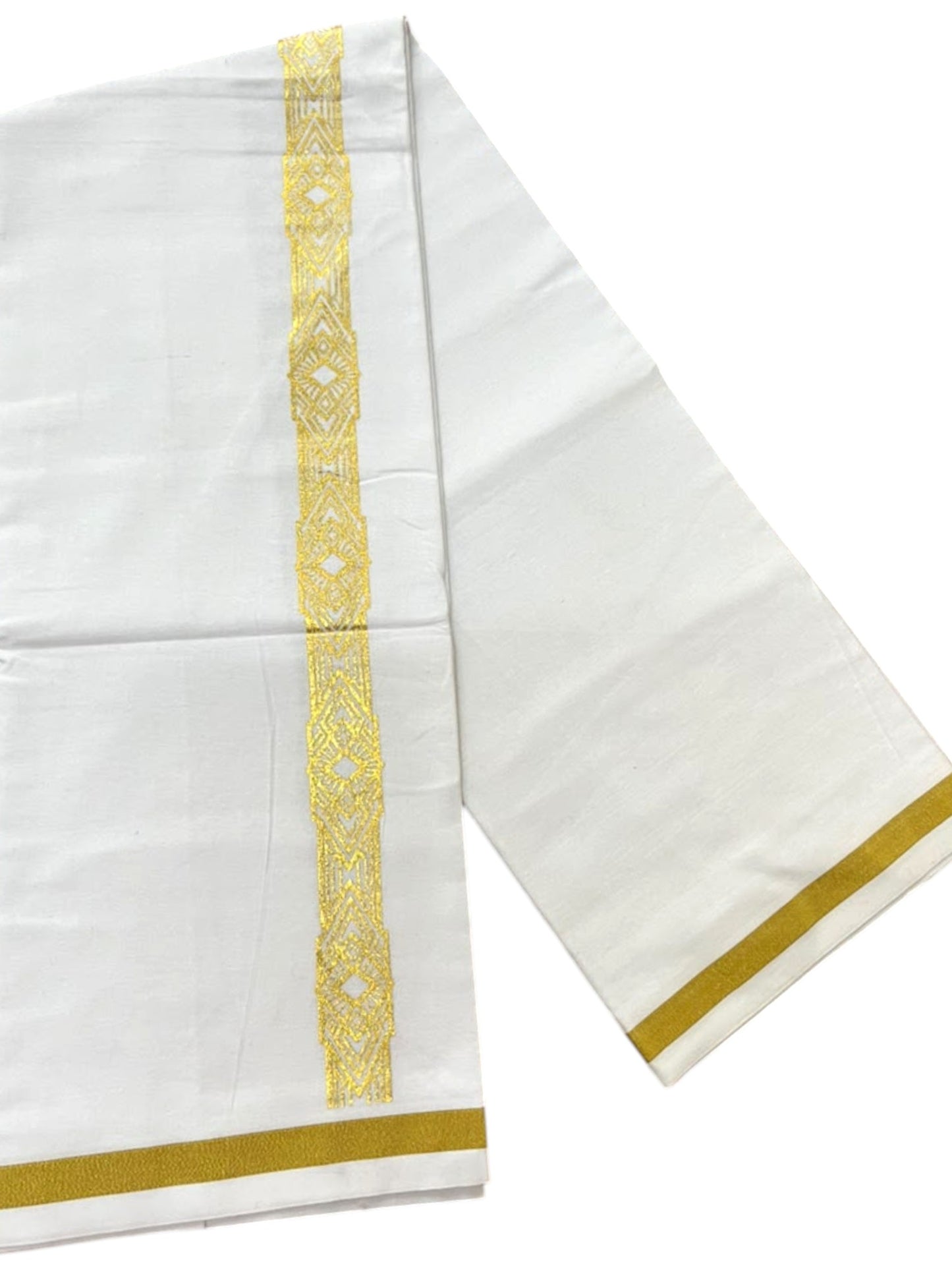 Southloom Pure White Gold Kasavu Printed Single Mundu / Lungi (South Indian Kerala Dhoti) SL610