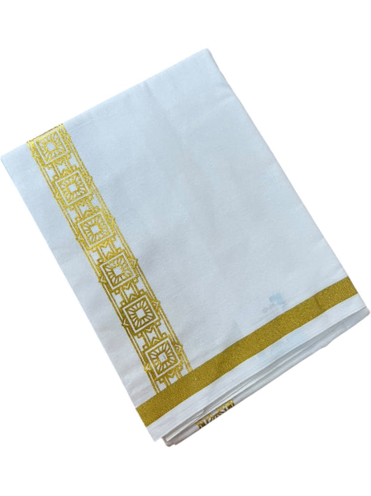 Southloom Pure White Gold Kasavu Printed Single Mundu / Lungi (South Indian Kerala Dhoti) SL610