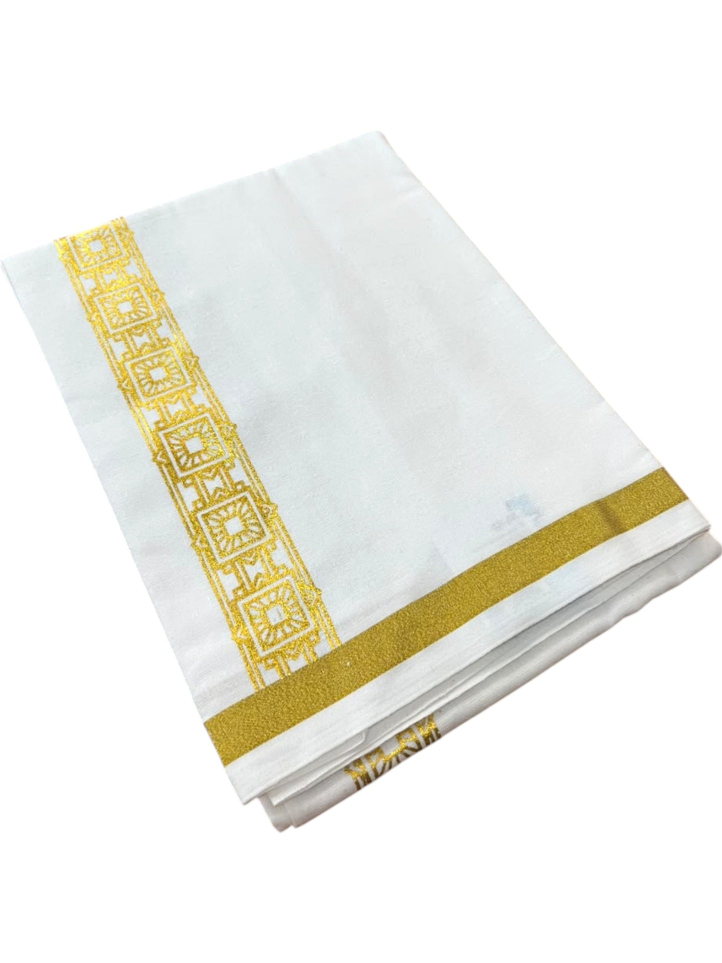 Southloom Pure White Gold Kasavu Printed Single Mundu / Lungi (South Indian Kerala Dhoti) SL610