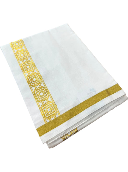 Southloom Pure White Gold Kasavu Printed Single Mundu / Lungi (South Indian Kerala Dhoti) SL610