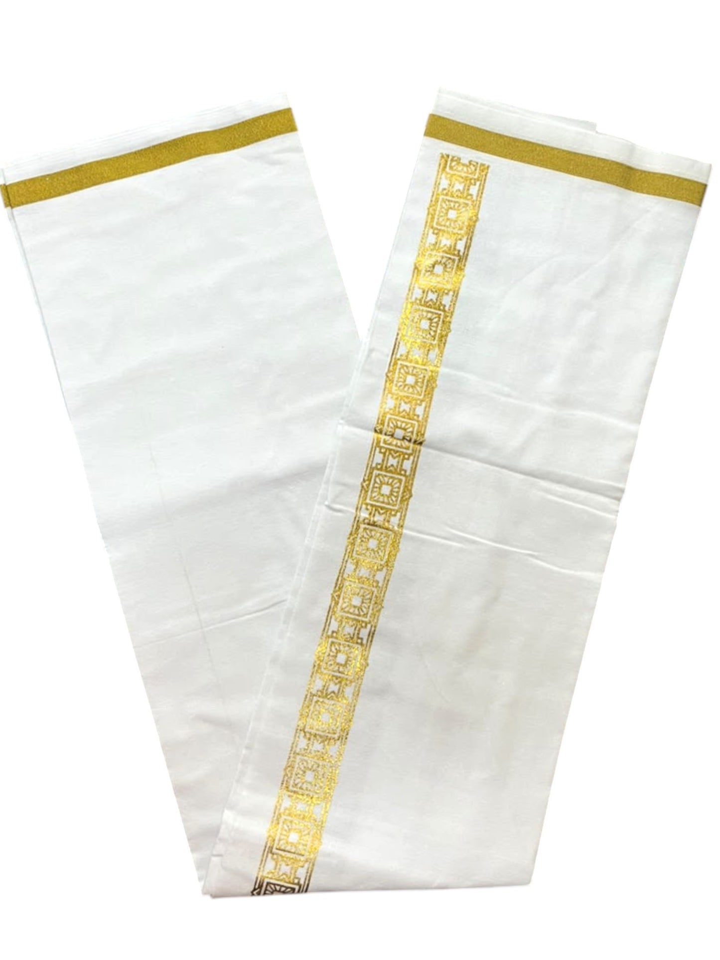 Southloom Pure White Gold Kasavu Printed Single Mundu / Lungi (South Indian Kerala Dhoti) SL610
