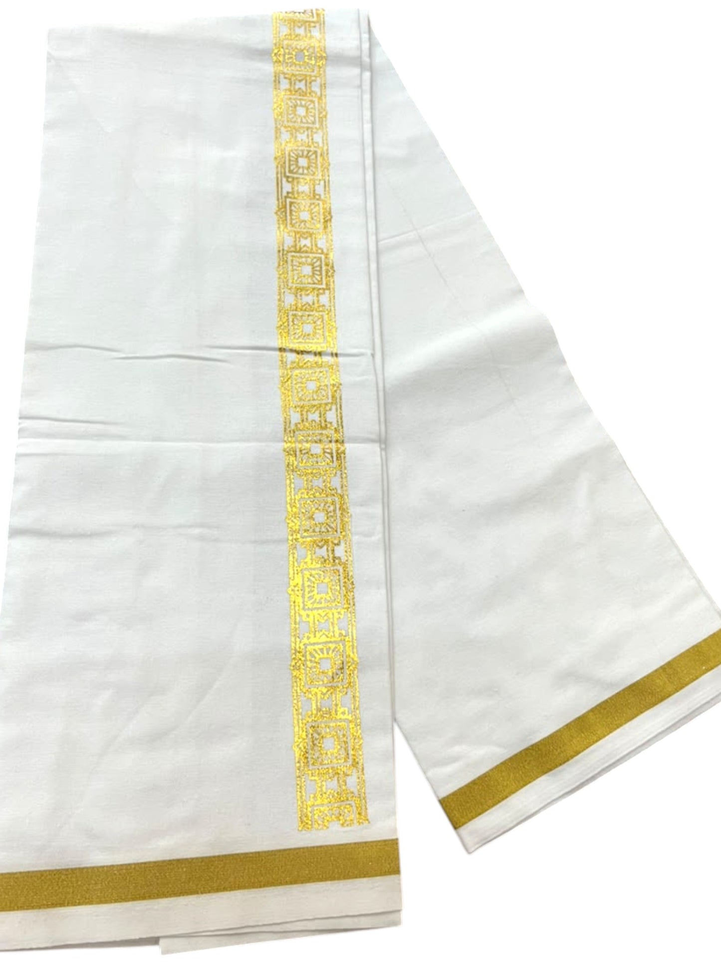 Southloom Pure White Gold Kasavu Printed Single Mundu / Lungi (South Indian Kerala Dhoti) SL610