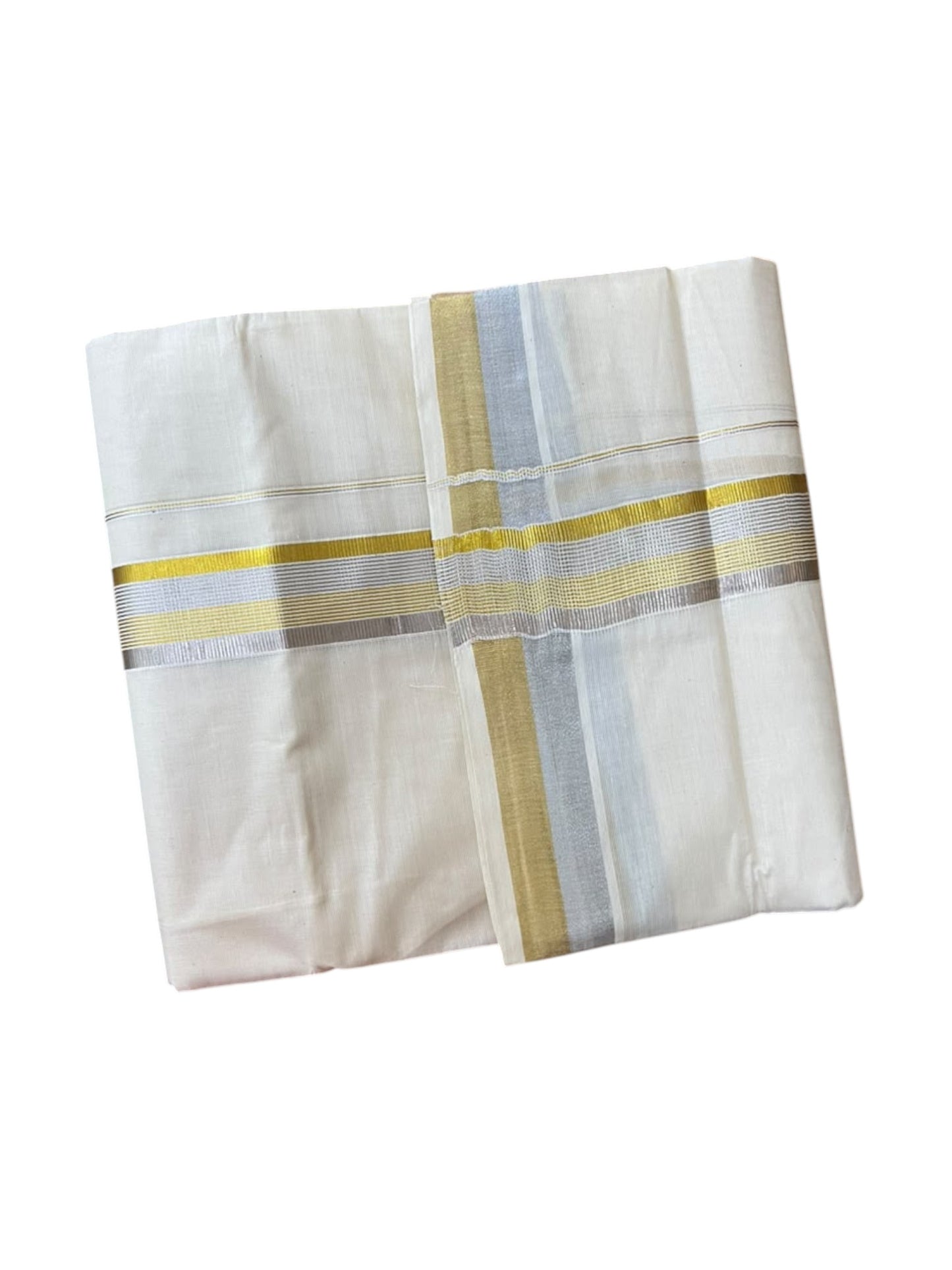 Southloom Pure Cotton Kasavu Mundu with Golden& Silver Lines (South Indian Kerala Dhoti)