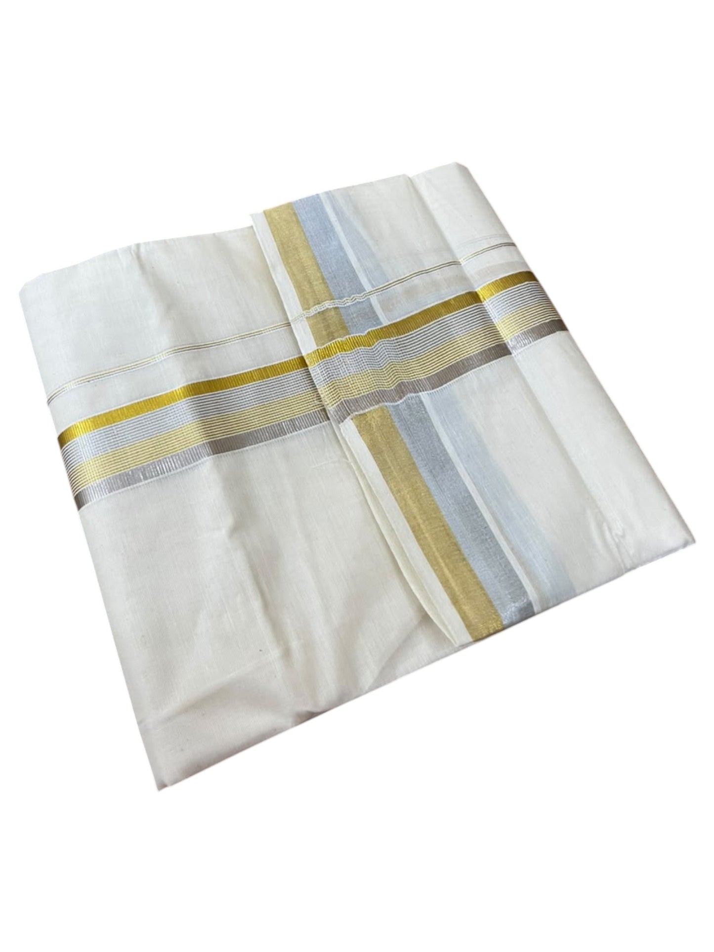 Southloom Pure Cotton Kasavu Mundu with Golden& Silver Lines (South Indian Kerala Dhoti)
