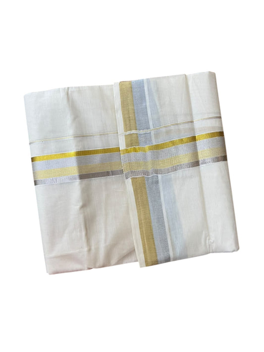 Southloom Pure Cotton Kasavu Mundu with Golden& Silver Lines (South Indian Kerala Dhoti)