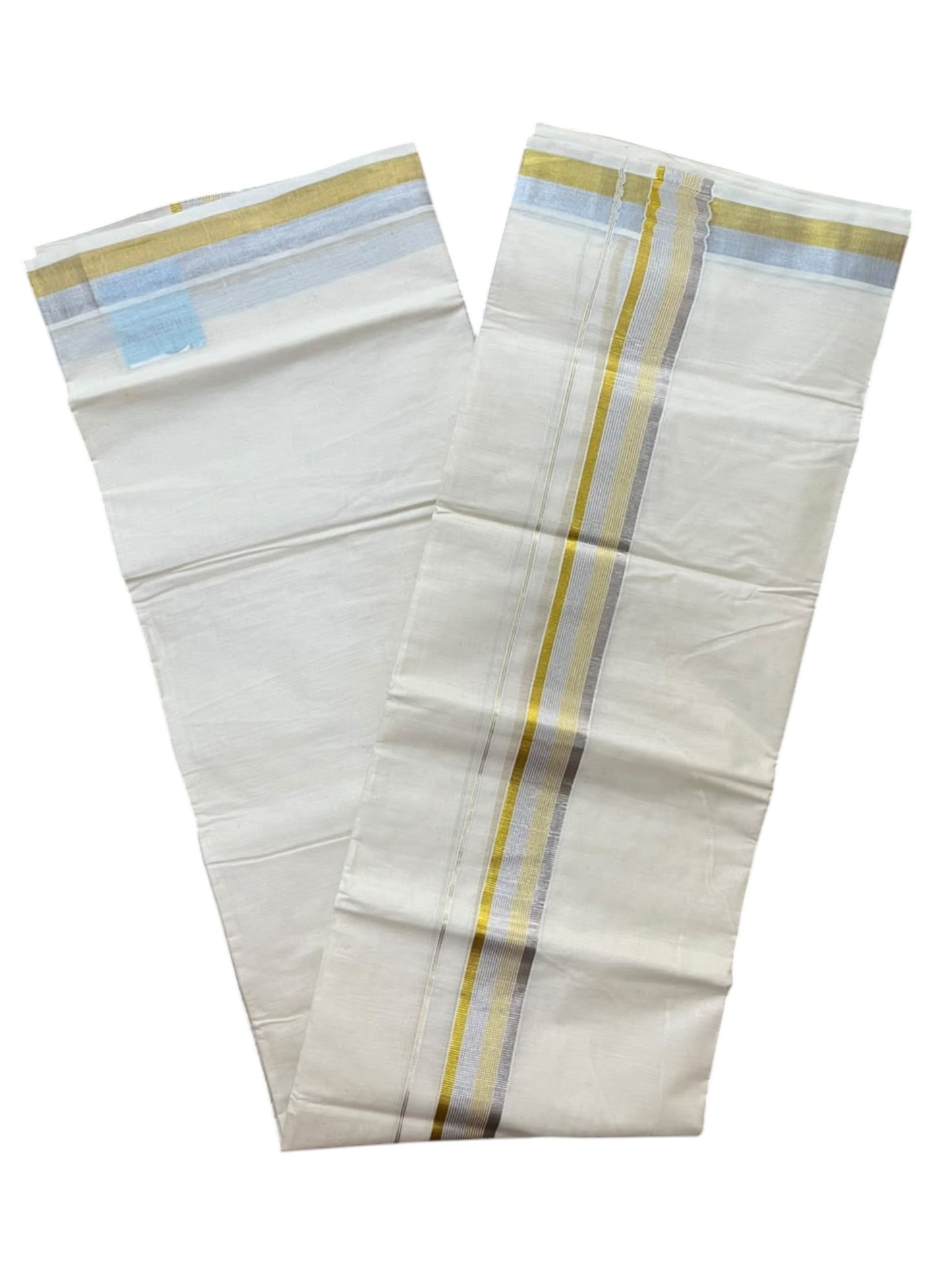 Southloom Pure Cotton Kasavu Mundu with Golden& Silver Lines (South Indian Kerala Dhoti)