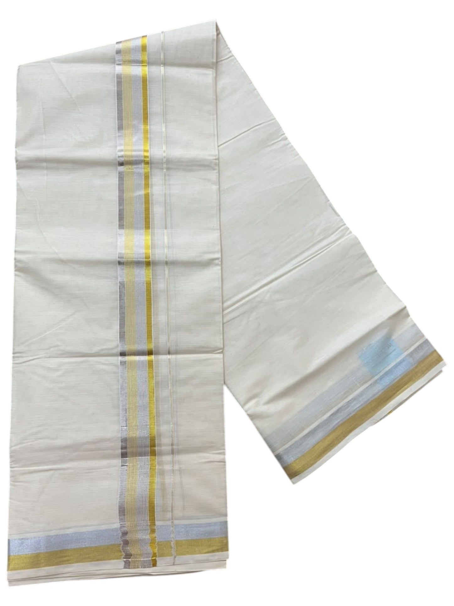 Southloom Pure Cotton Kasavu Mundu with Golden& Silver Lines (South Indian Kerala Dhoti)