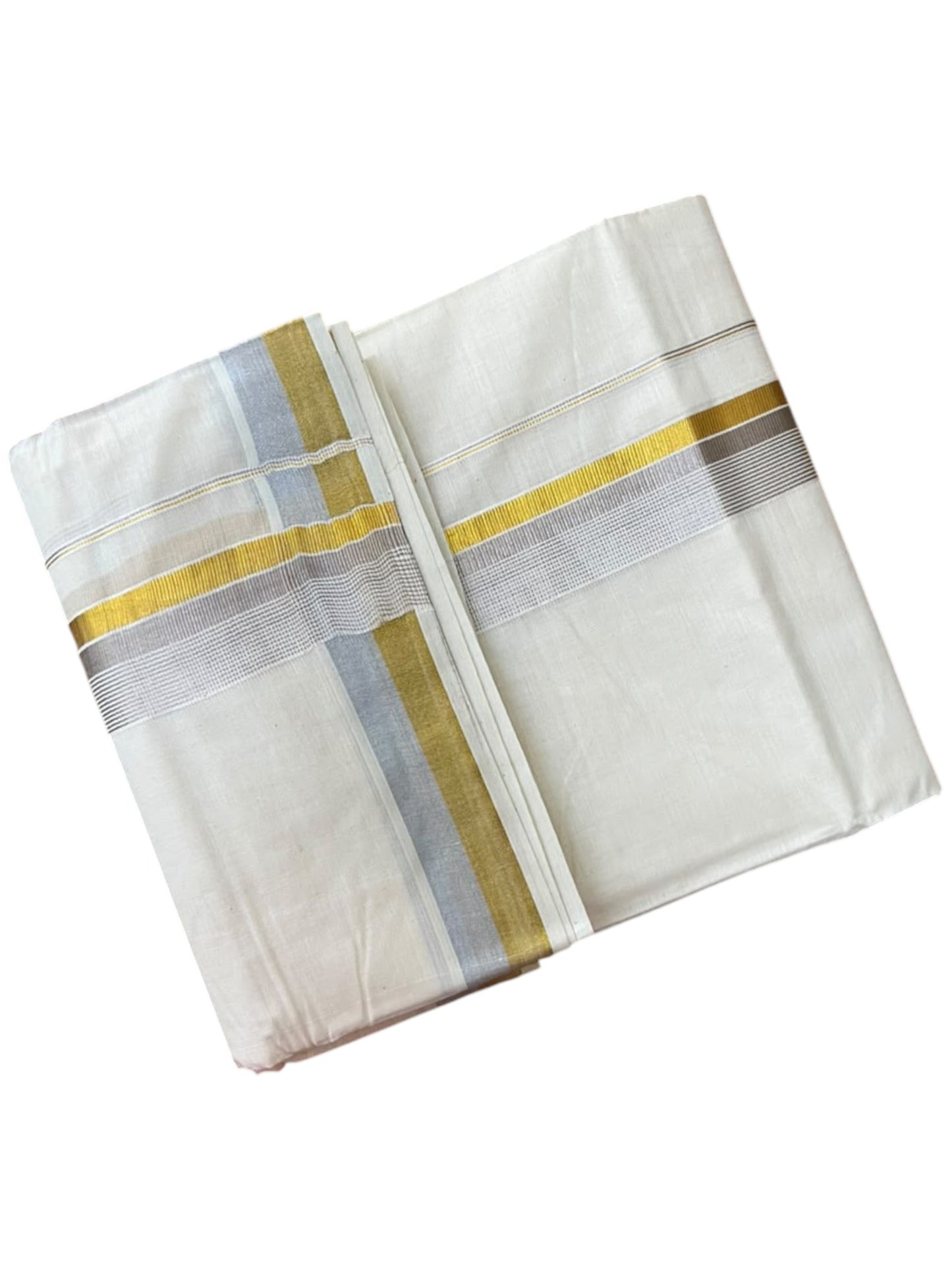 Southloom Pure Cotton Kasavu Mundu with Golden& Silver Lines (South Indian Kerala Dhoti)