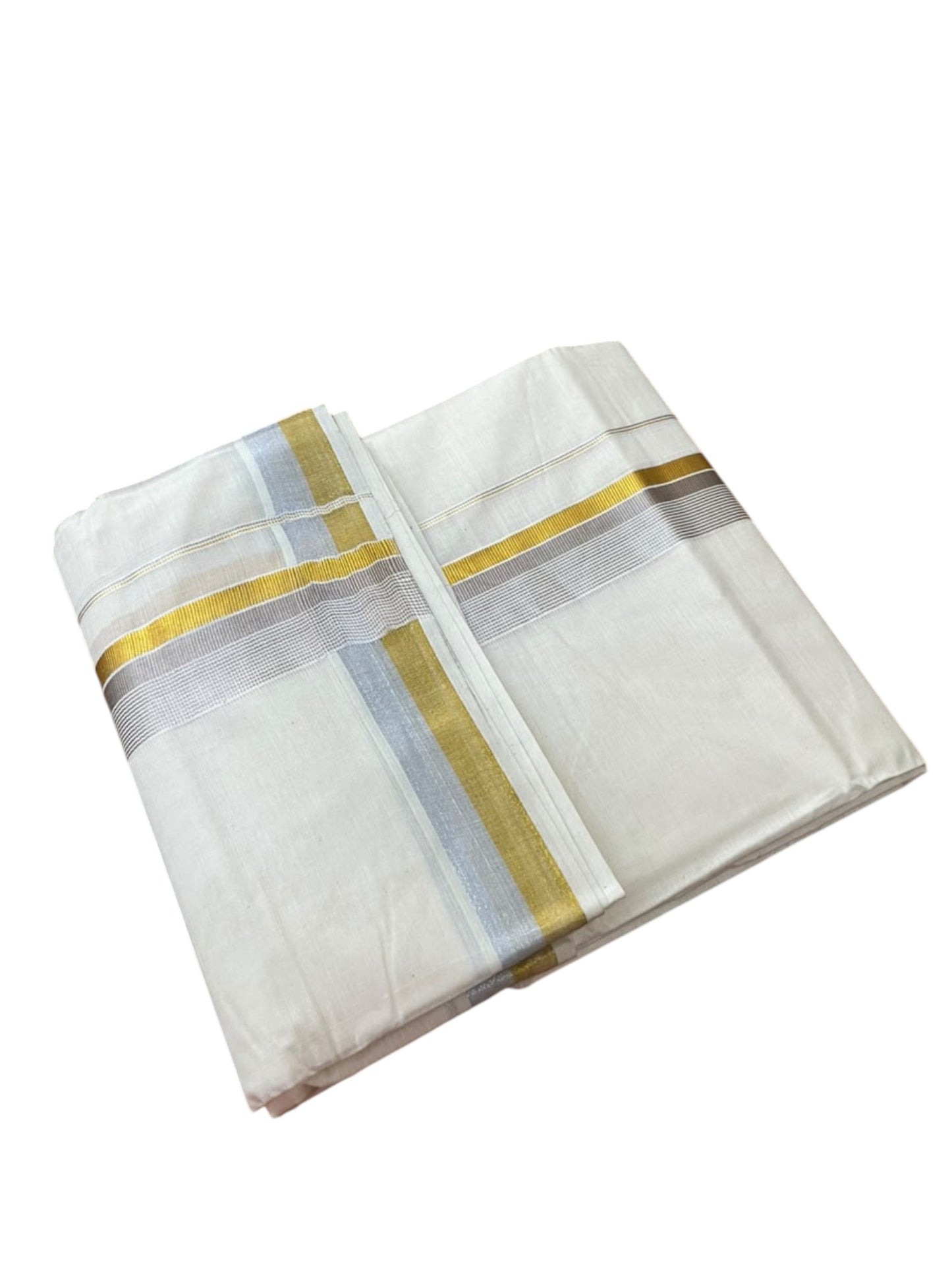 Southloom Pure Cotton Kasavu Mundu with Golden& Silver Lines (South Indian Kerala Dhoti)