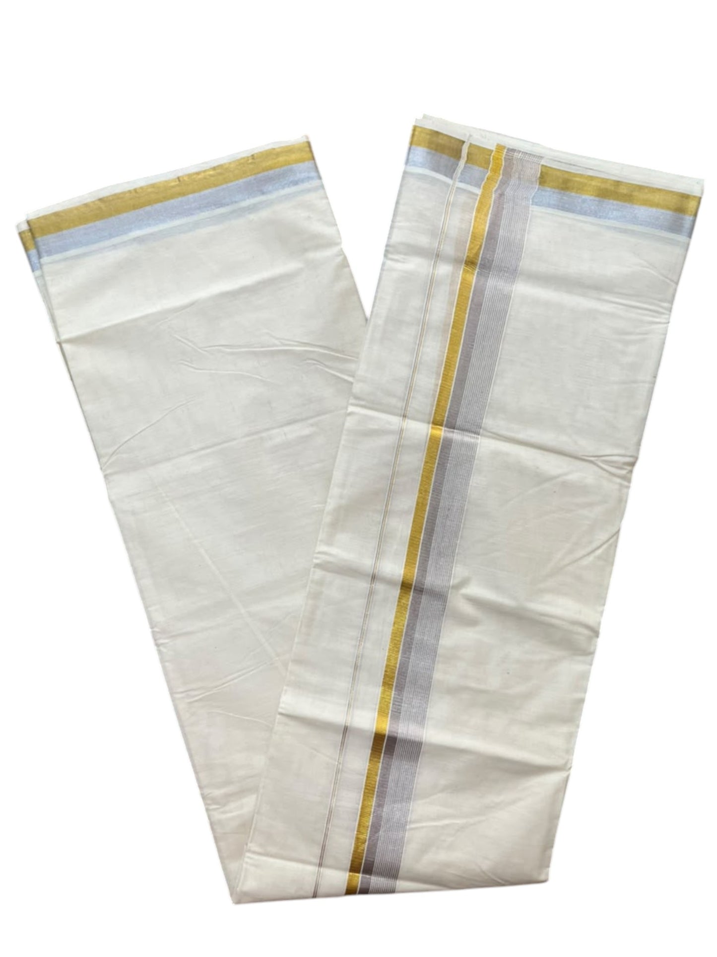 Southloom Pure Cotton Kasavu Mundu with Golden& Silver Lines (South Indian Kerala Dhoti)