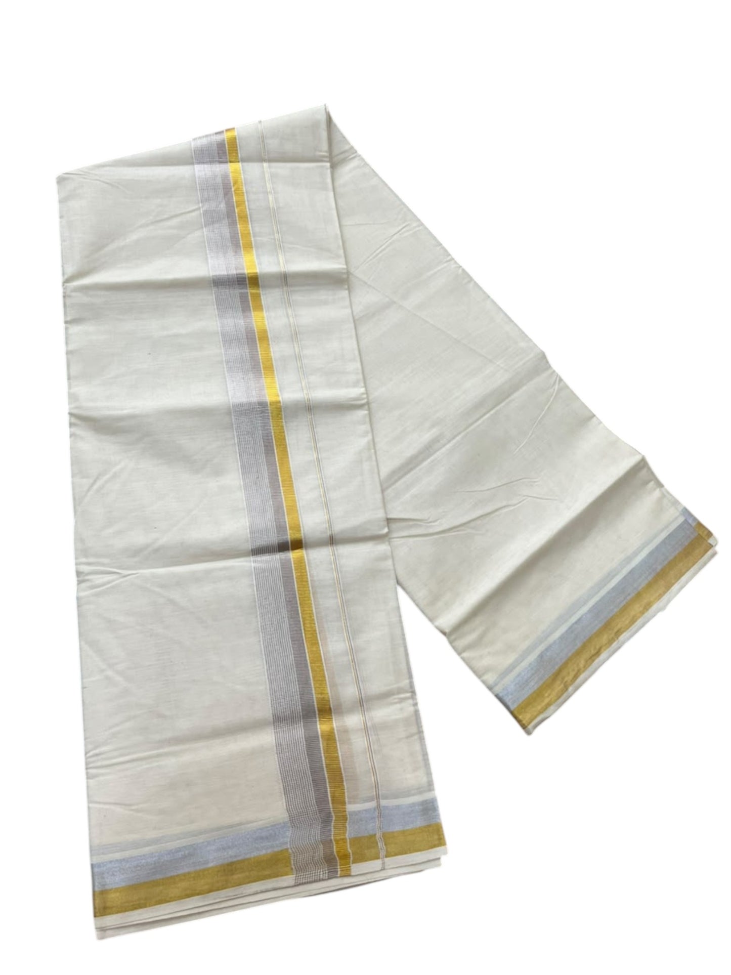 Southloom Pure Cotton Kasavu Mundu with Golden& Silver Lines (South Indian Kerala Dhoti)