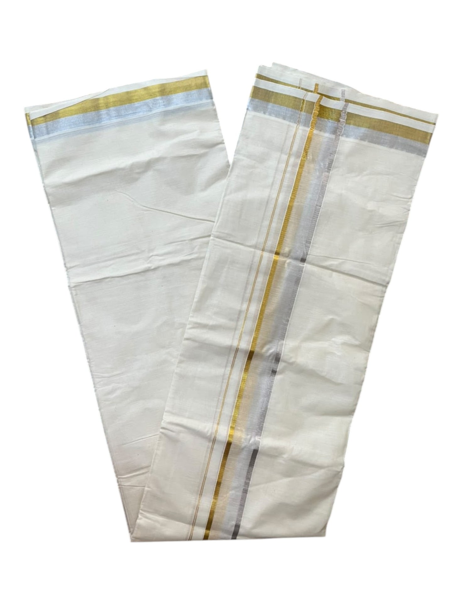 Southloom Pure Cotton Kasavu Mundu with Golden & Silver (South Indian Kerala Dhoti)