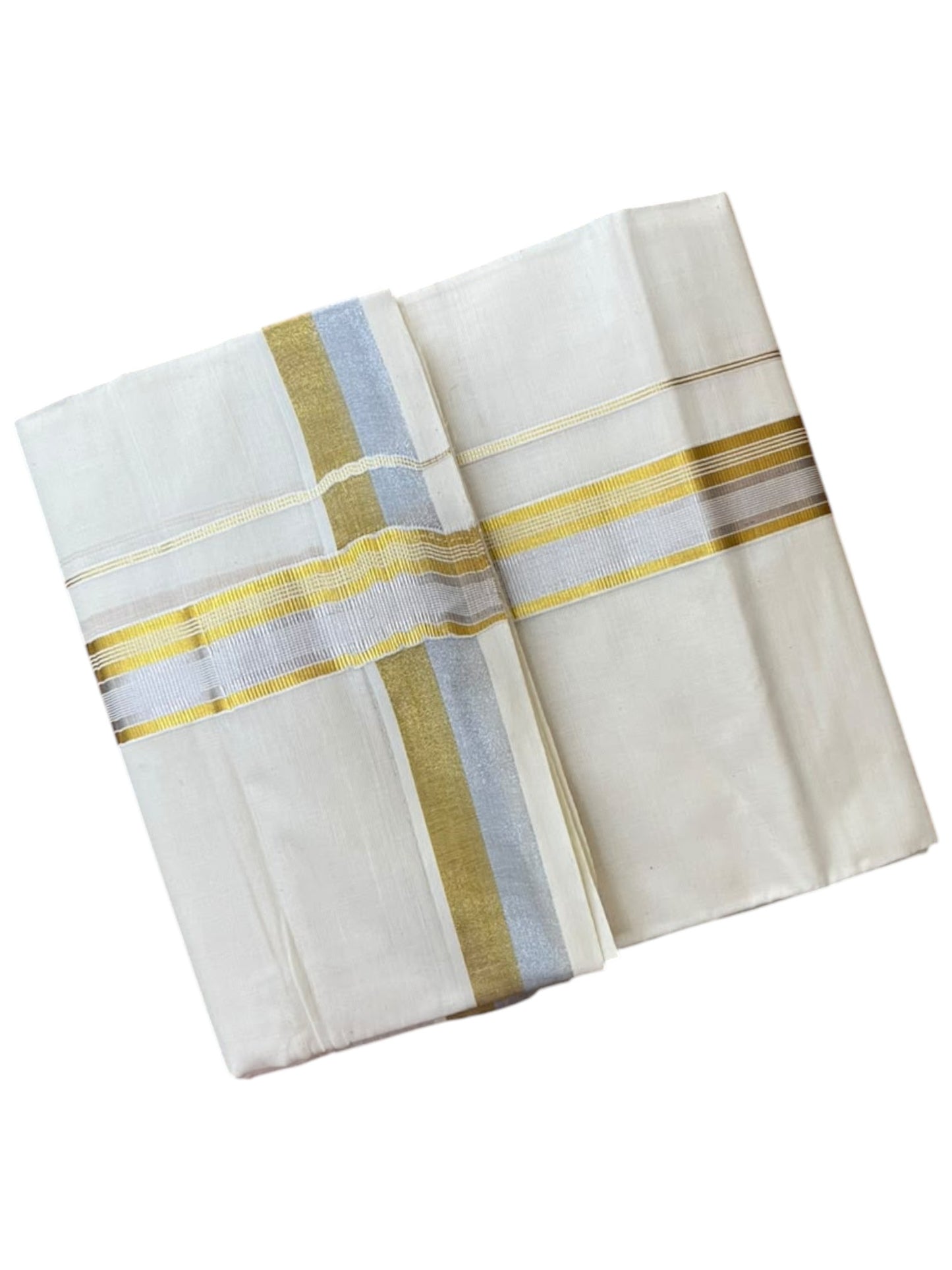 Southloom Pure Cotton Kasavu Mundu with Gold & Silver Kara Lines (South Indian Kerala Dhoti)