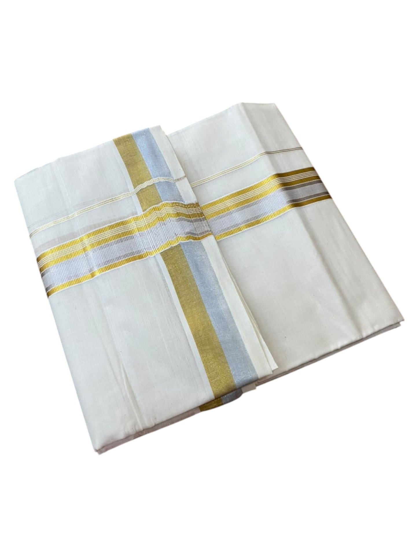 Southloom Pure Cotton Kasavu Mundu with Gold & Silver Kara Lines (South Indian Kerala Dhoti)