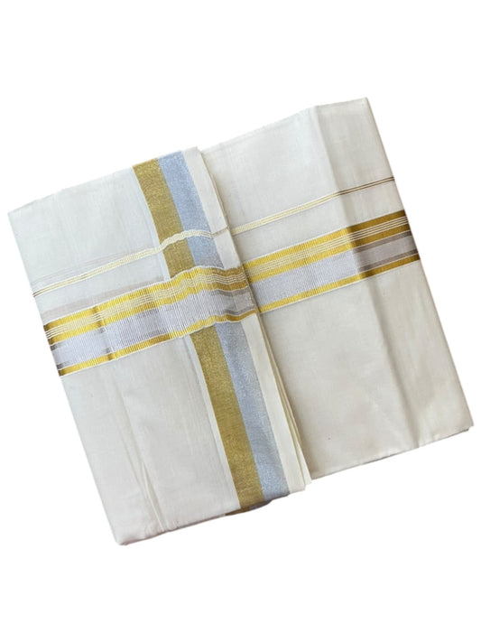 Southloom Pure Cotton Kasavu Mundu with Gold & Silver Kara Lines (South Indian Kerala Dhoti)