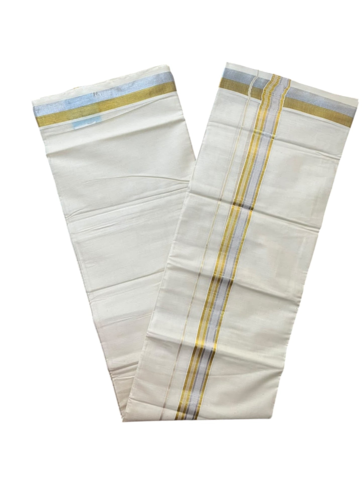 Southloom Pure Cotton Kasavu Mundu with Gold & Silver Kara Lines (South Indian Kerala Dhoti)