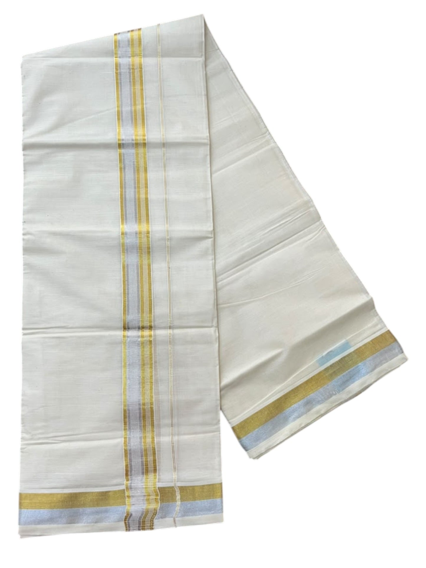Southloom Pure Cotton Kasavu Mundu with Gold & Silver Kara Lines (South Indian Kerala Dhoti)