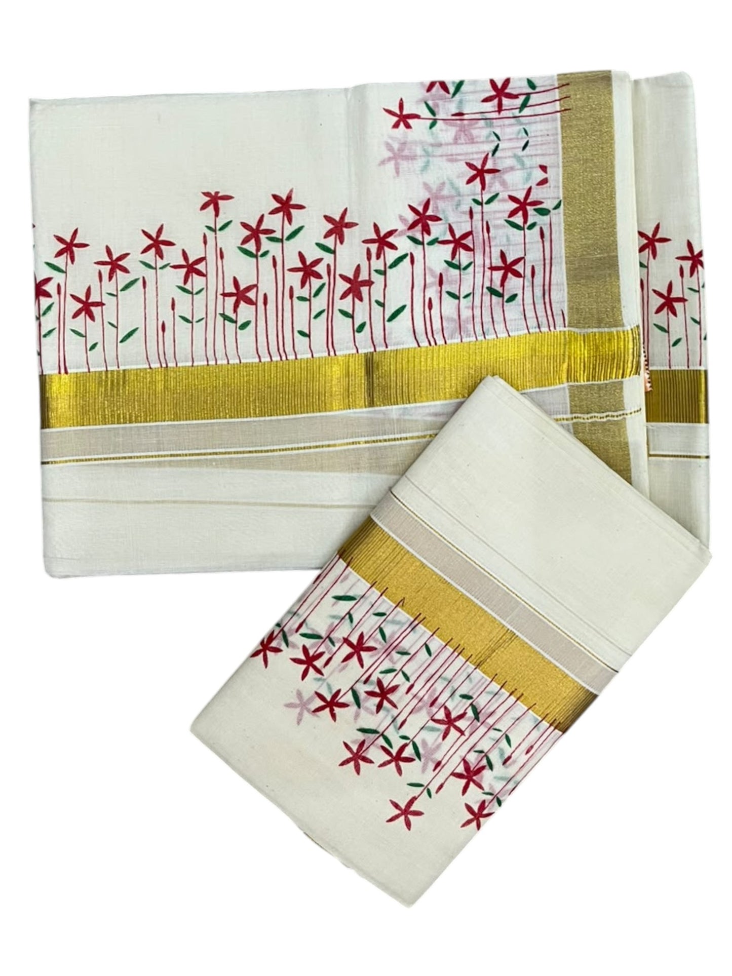 Southloom Cotton Single Set Mundu (Mundu Neriyathum) With Floral Digital Print 2.80 Mtrs SL613