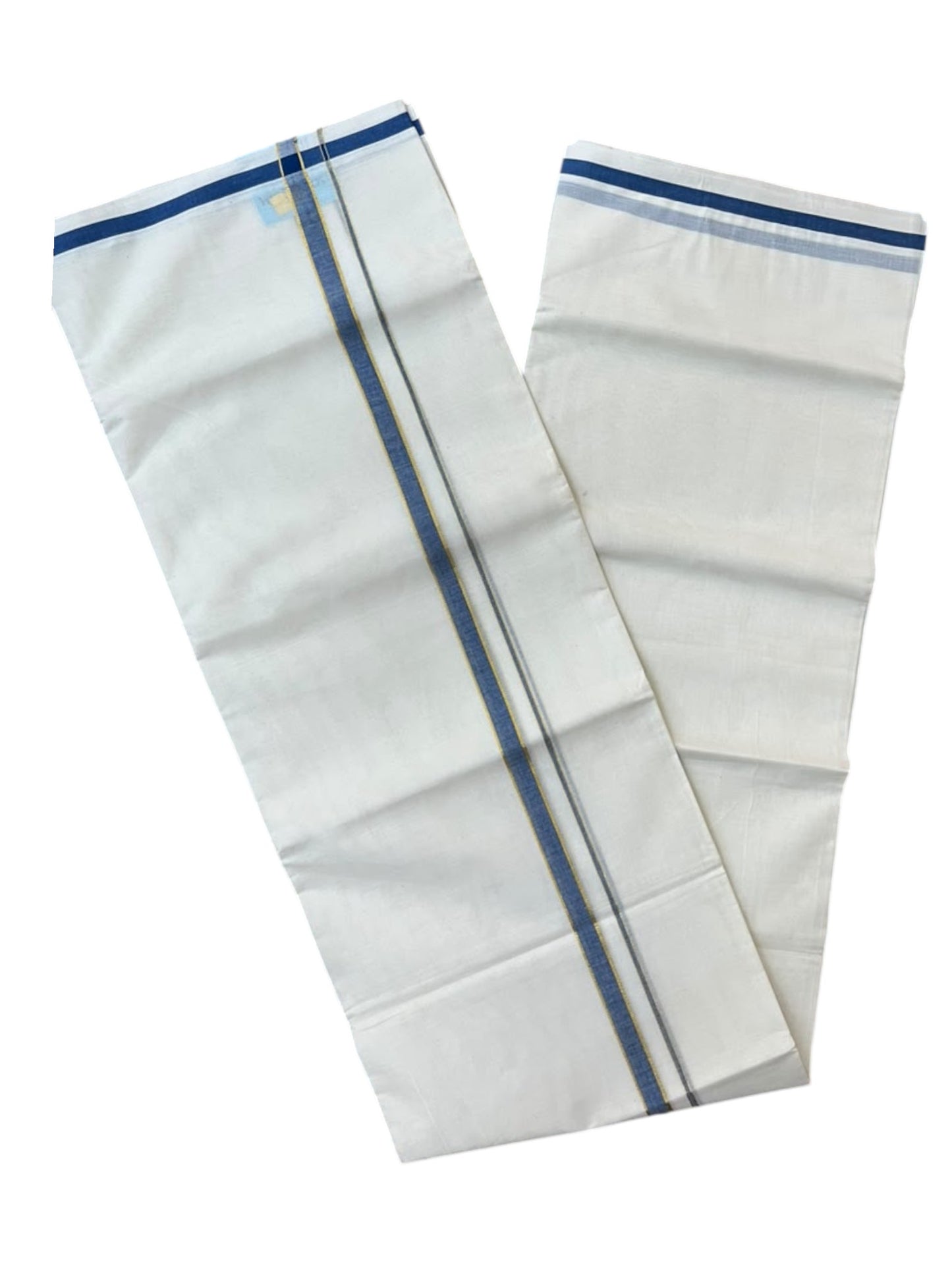 Southloom Pure Cotton Mundu with Gold Lines and Blue Border (South Indian Kerala Dhoti)