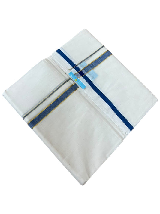 Southloom Pure Cotton Mundu with Gold Lines and Blue Border (South Indian Kerala Dhoti)